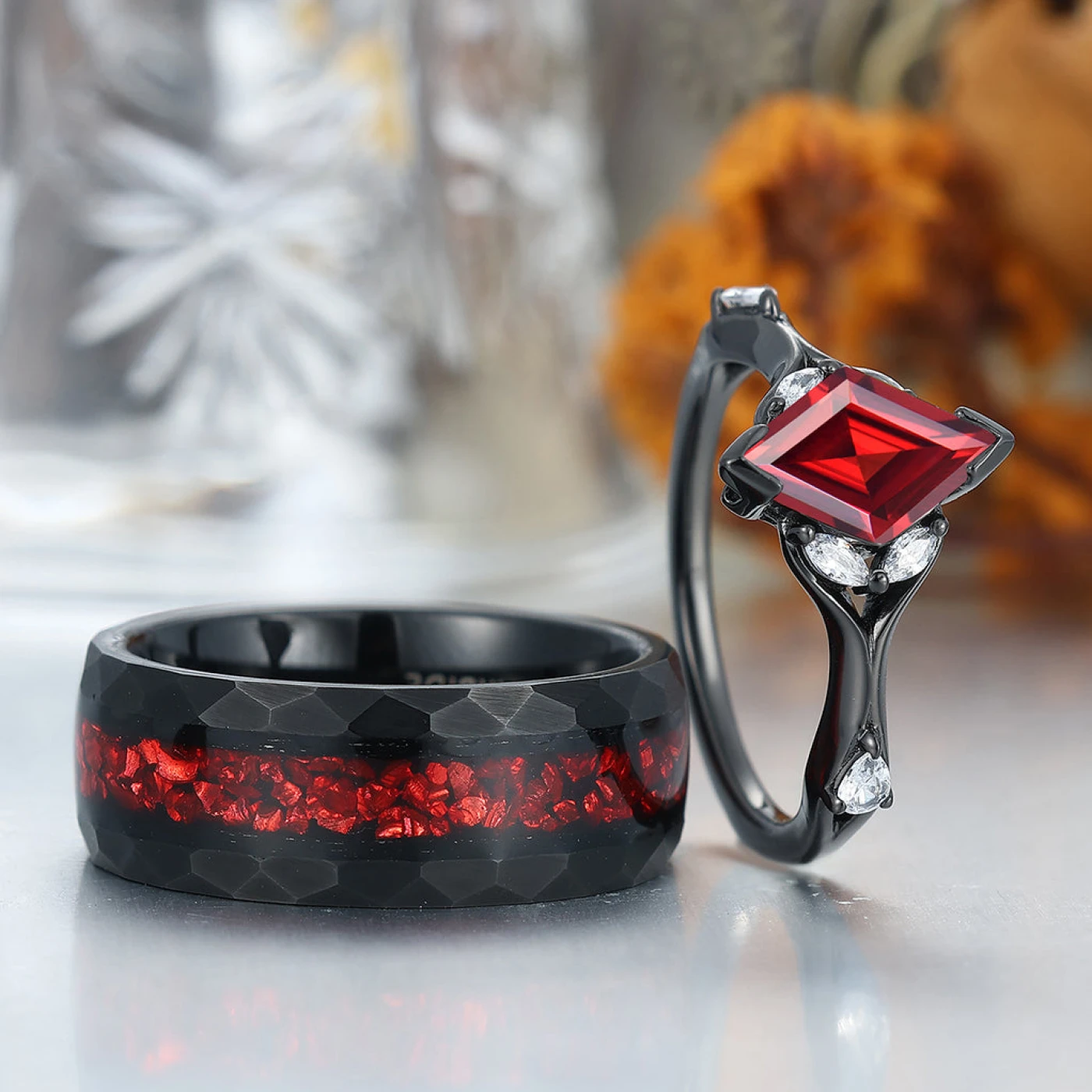 Stylish Red Garnet Accents Rings For Couples Unique Red Hammered Tungsten His Wedding Band - view 4