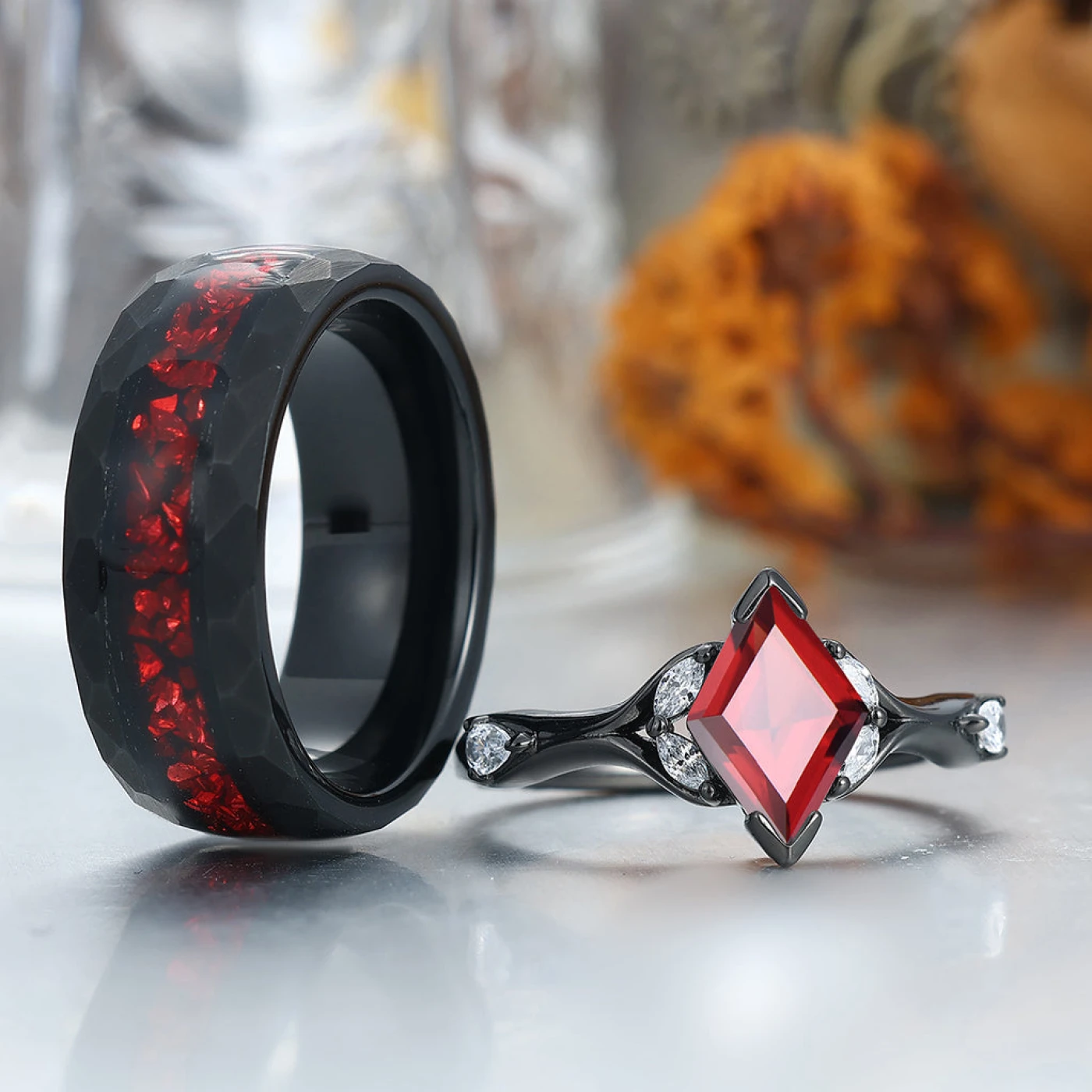 Stylish Red Garnet Accents Rings For Couples Unique Red Hammered Tungsten His Wedding Band - view 3