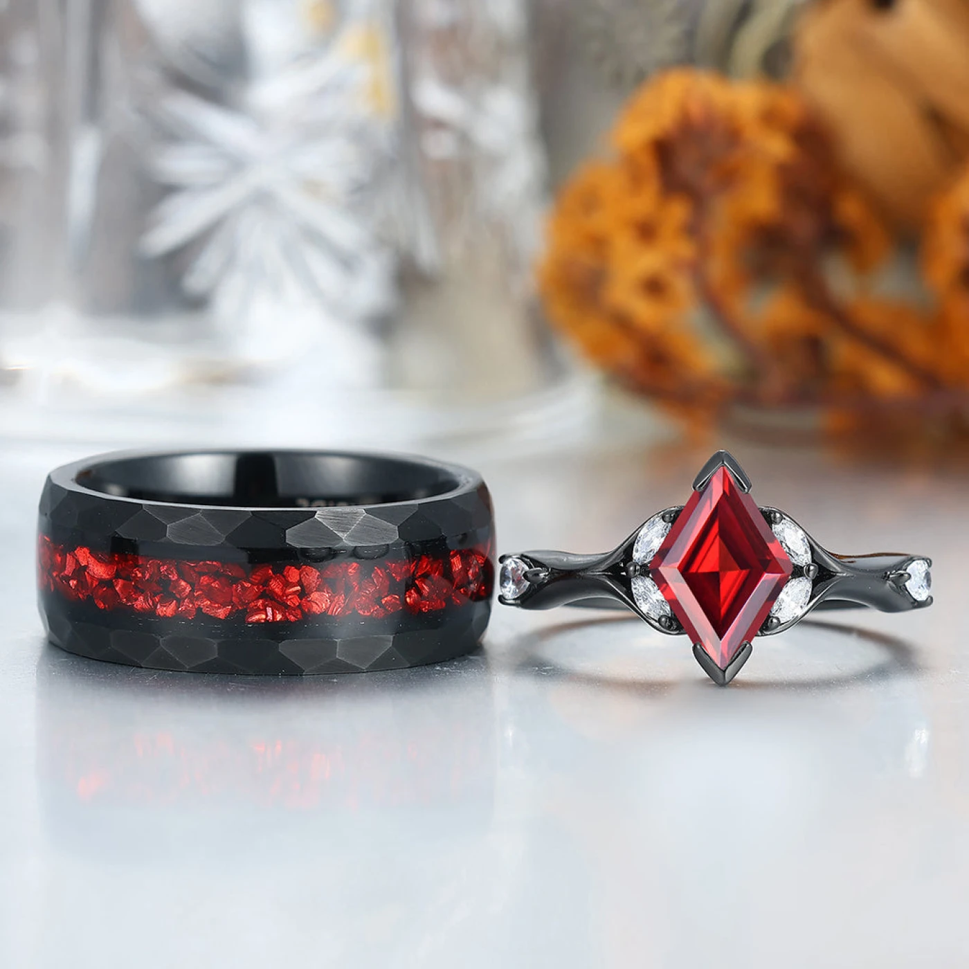 Stylish Red Garnet Accents Rings For Couples Unique Red Hammered Tungsten His Wedding Band - view 2
