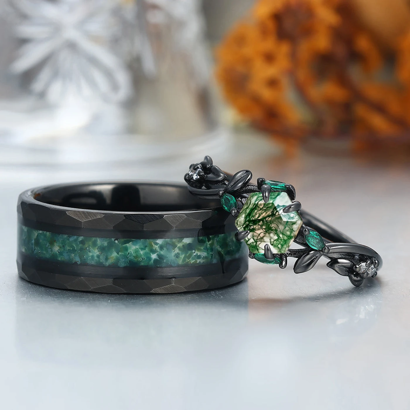 Exquisite Moss Agate Sprigs Engagement Couple Rings Promise Green