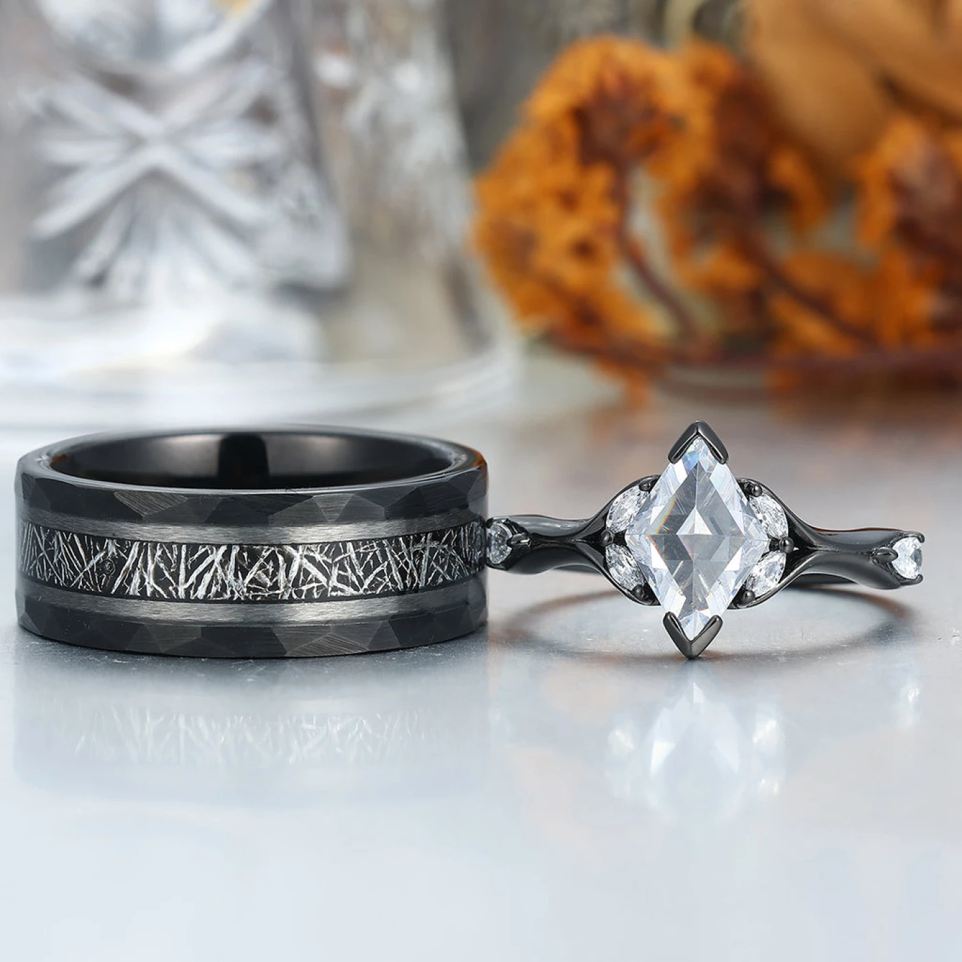 Unique Moissanites Engagement Couple Rings Matching Promise His And Hers Wedding Band - view 3