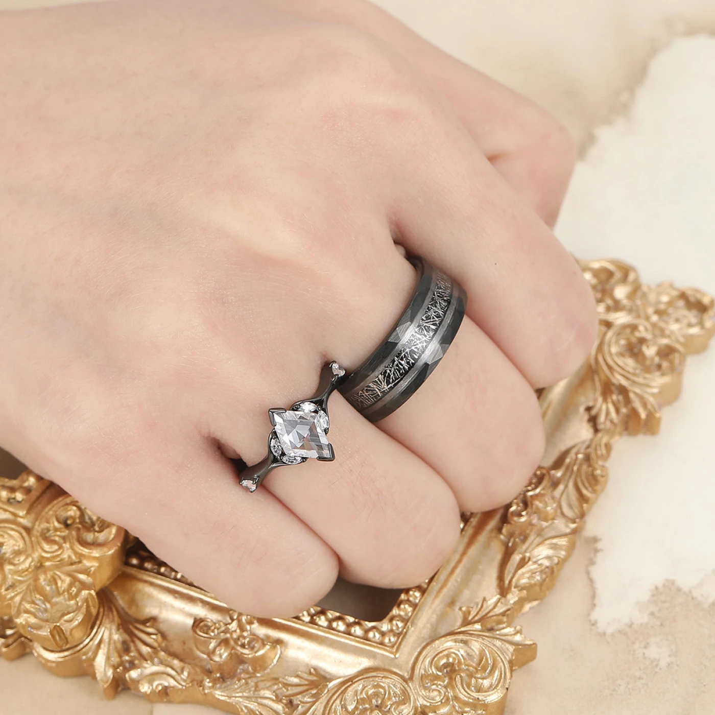 Unique Moissanites Engagement Couple Rings Matching Promise His And Hers Wedding Band - view 5