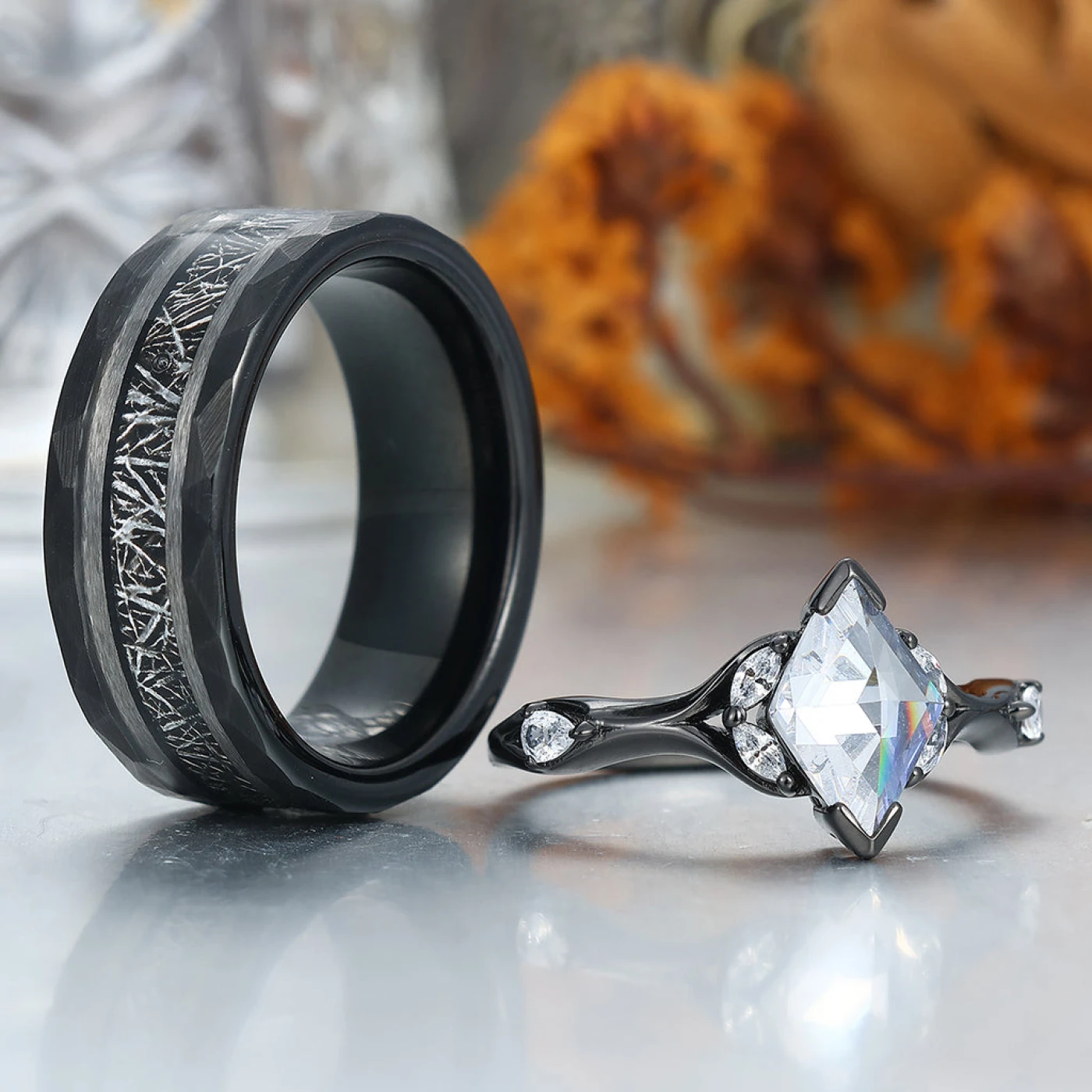 Unique Moissanites Engagement Couple Rings Matching Promise His And Hers Wedding Band - view 2