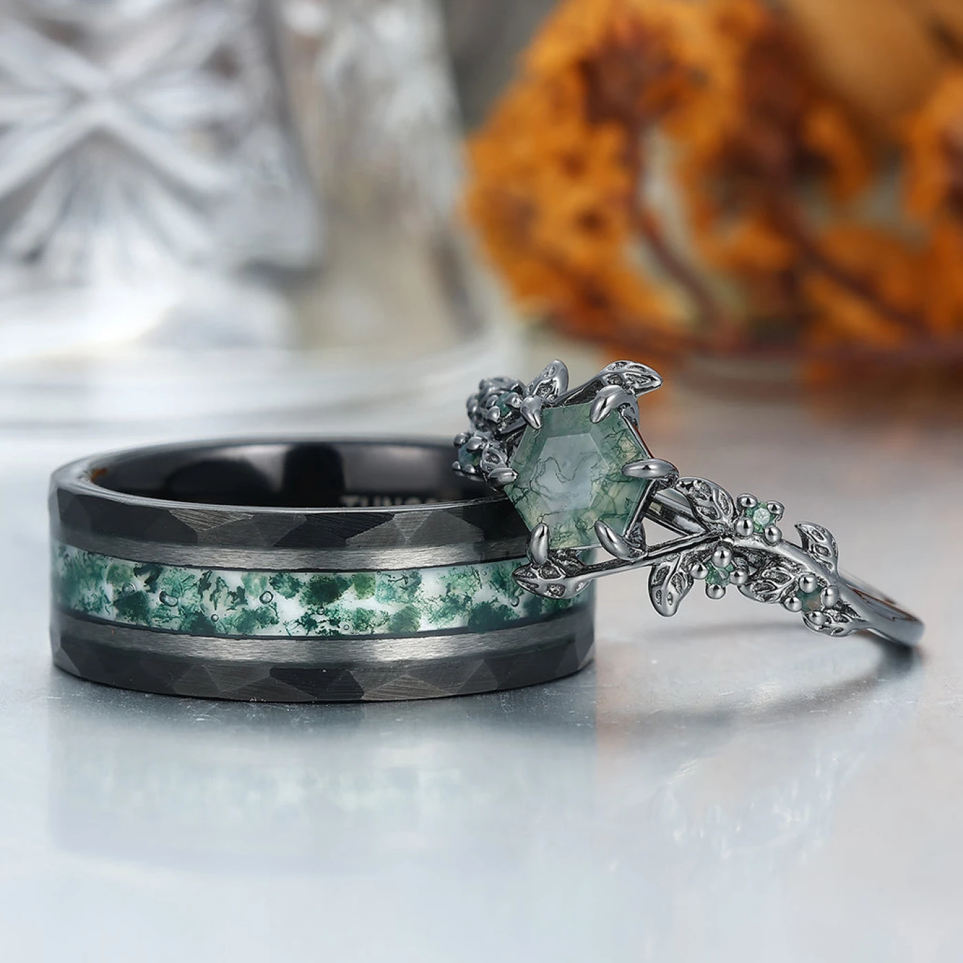 Moss Agate Sprigs Engagement Couple Rings Tungsten Matching Wedding Rings