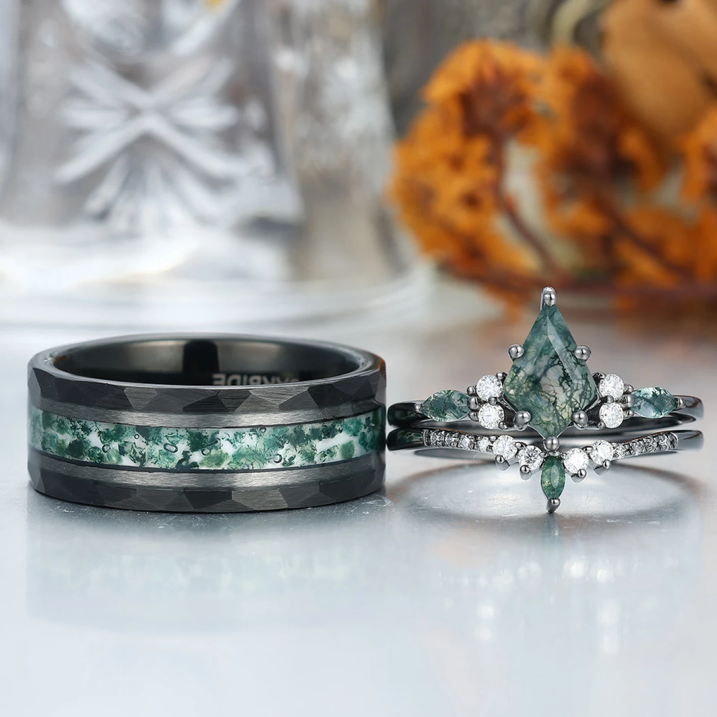 Vintage Kite Green Moss Agate Couple Ring Set 925 Sliver His and Hers Wedding Ring