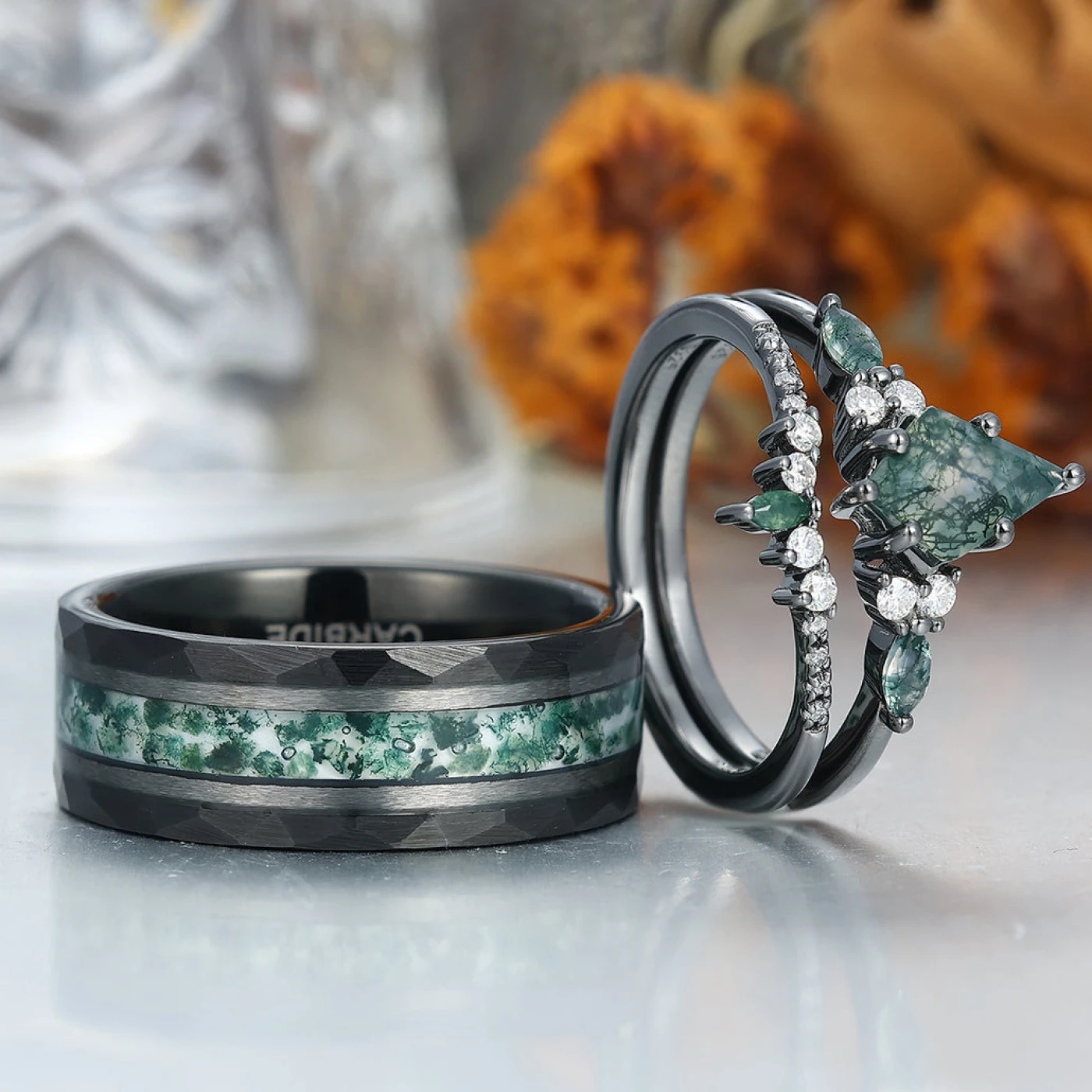 Vintage Kite Green Moss Agate Couple Ring Set 925 Sliver His and Hers Wedding Ring - view 4