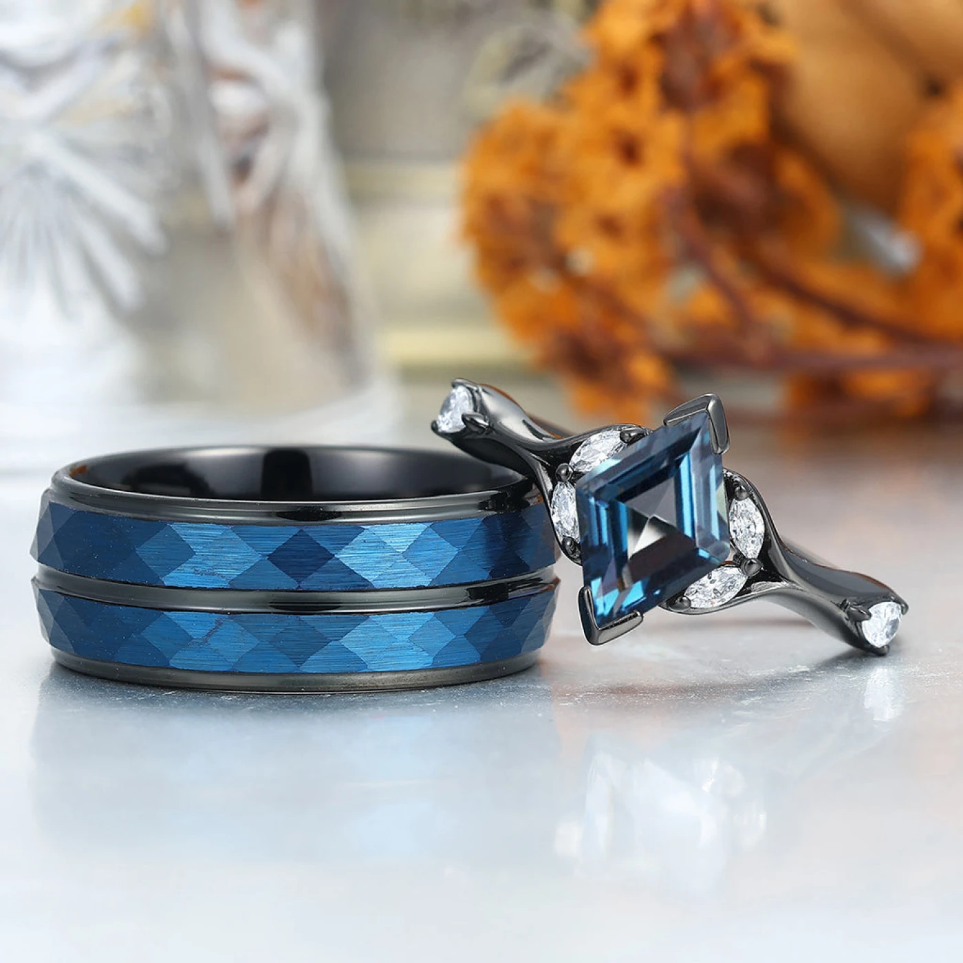 Stylish Rhombus London Blue Topaz Curved Rings For Couples Wedding Band