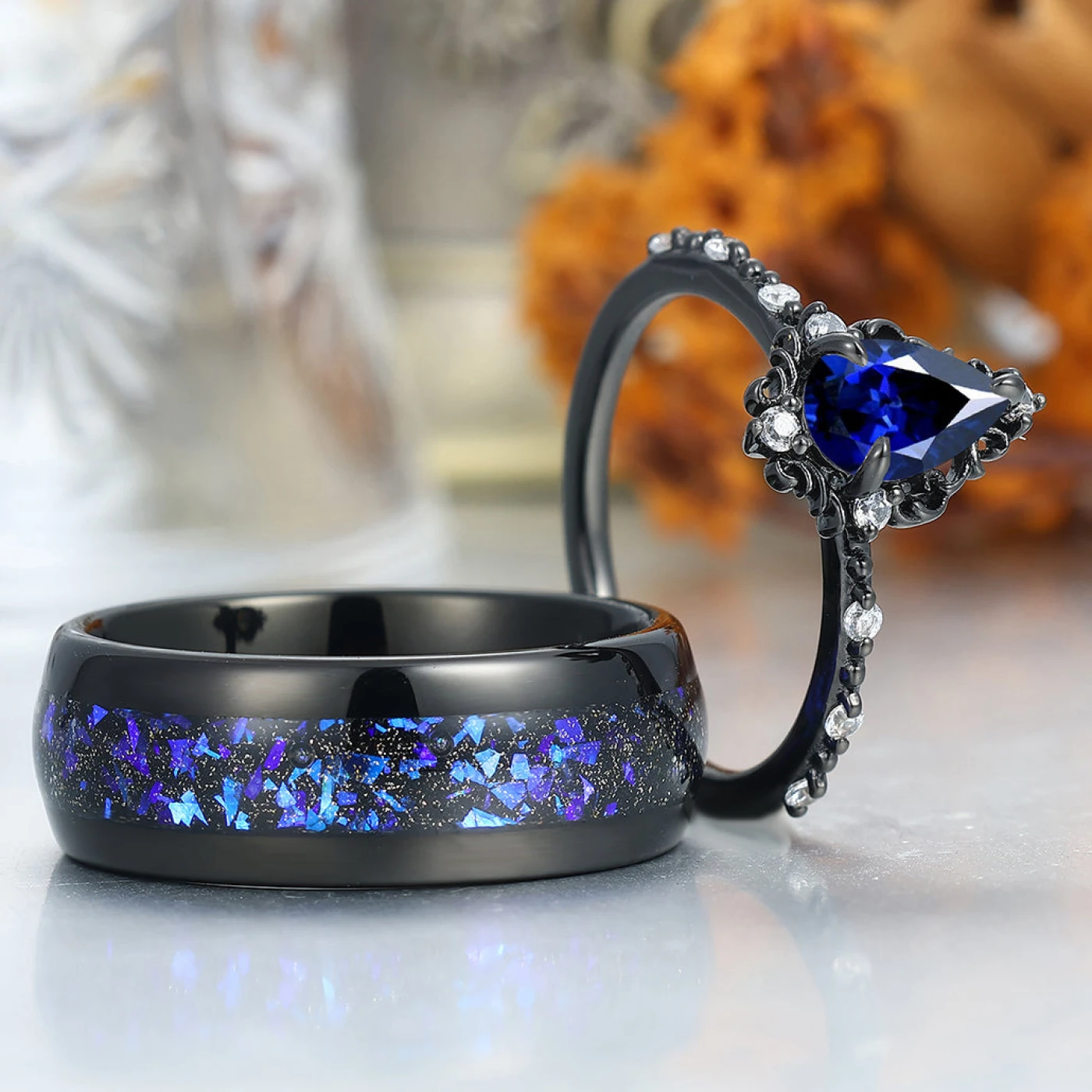 Dainty Pear Cut Sapphire Engagement Couple Rings 925 Sterling Silver And Tungsten Matching Ring - view 4