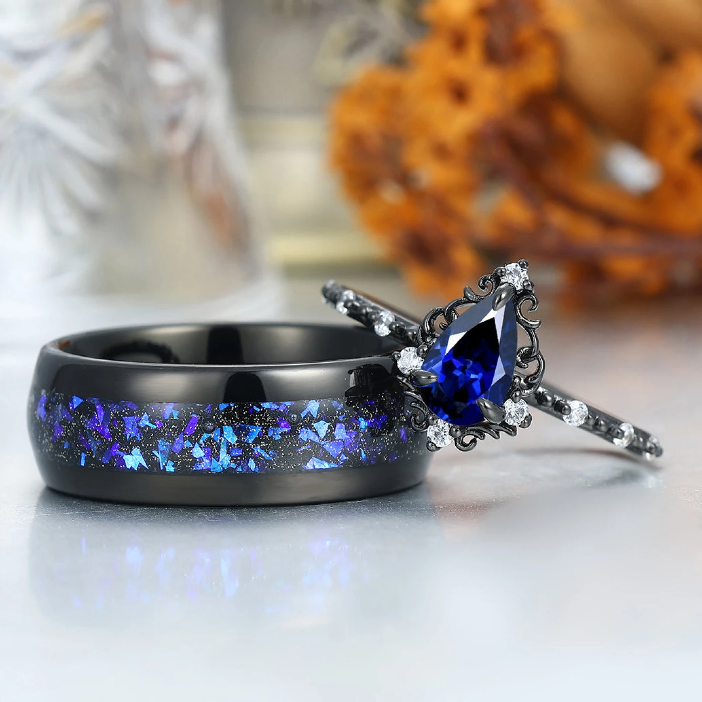 Dainty Pear Cut Sapphire Engagement Couple Rings 925 Sterling
