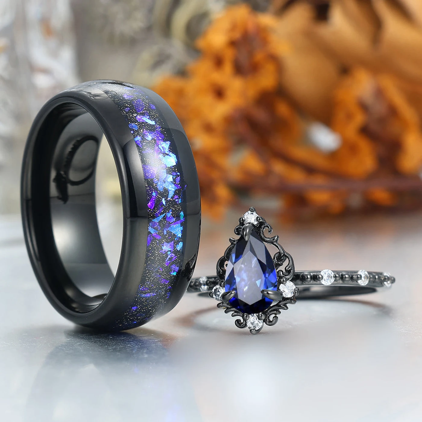 Dainty Pear Cut Sapphire Engagement Couple Rings 925 Sterling Silver And Tungsten Matching Ring - view 3