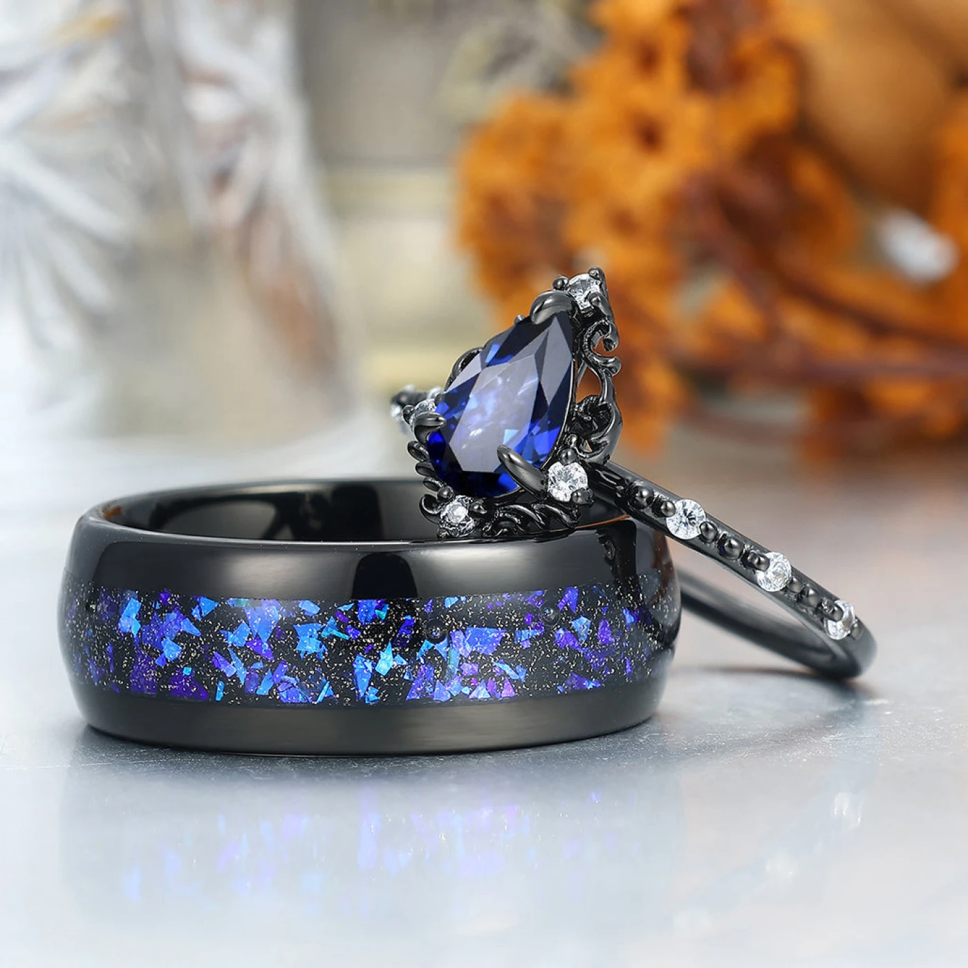 Dainty Pear Cut Sapphire Engagement Couple Rings 925 Sterling Silver And Tungsten Matching Ring - view 2