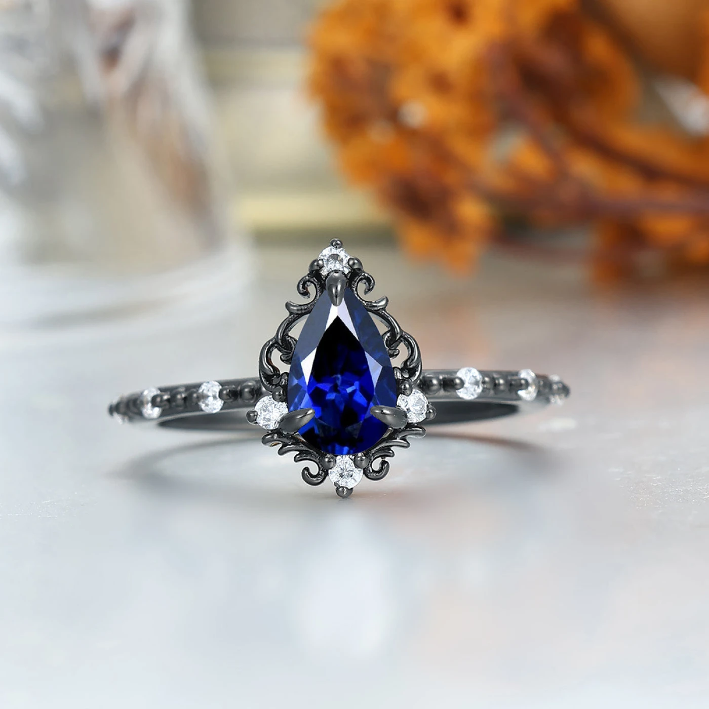 Dainty Pear Cut Sapphire Engagement Couple Rings 925 Sterling Silver And Tungsten Matching Ring - view 5