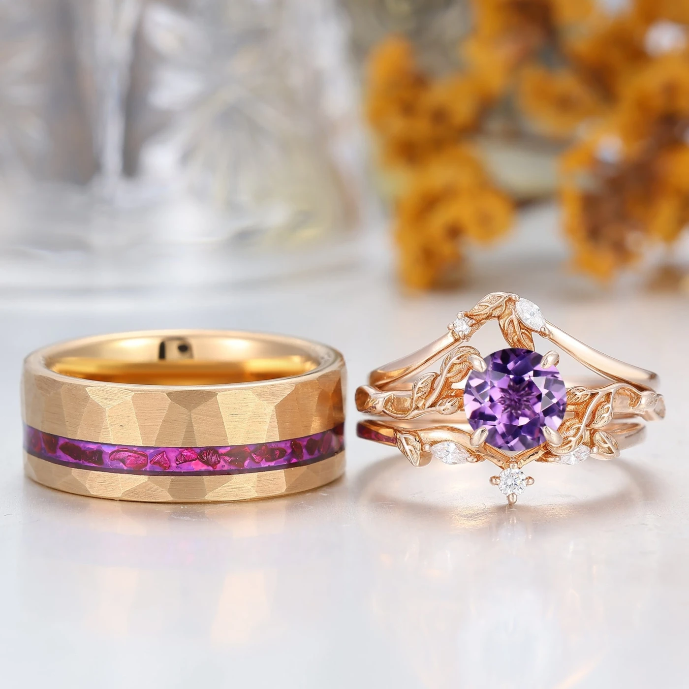 Vine Leaf Design Natural Purple Amethyst Couples Ring S925 And