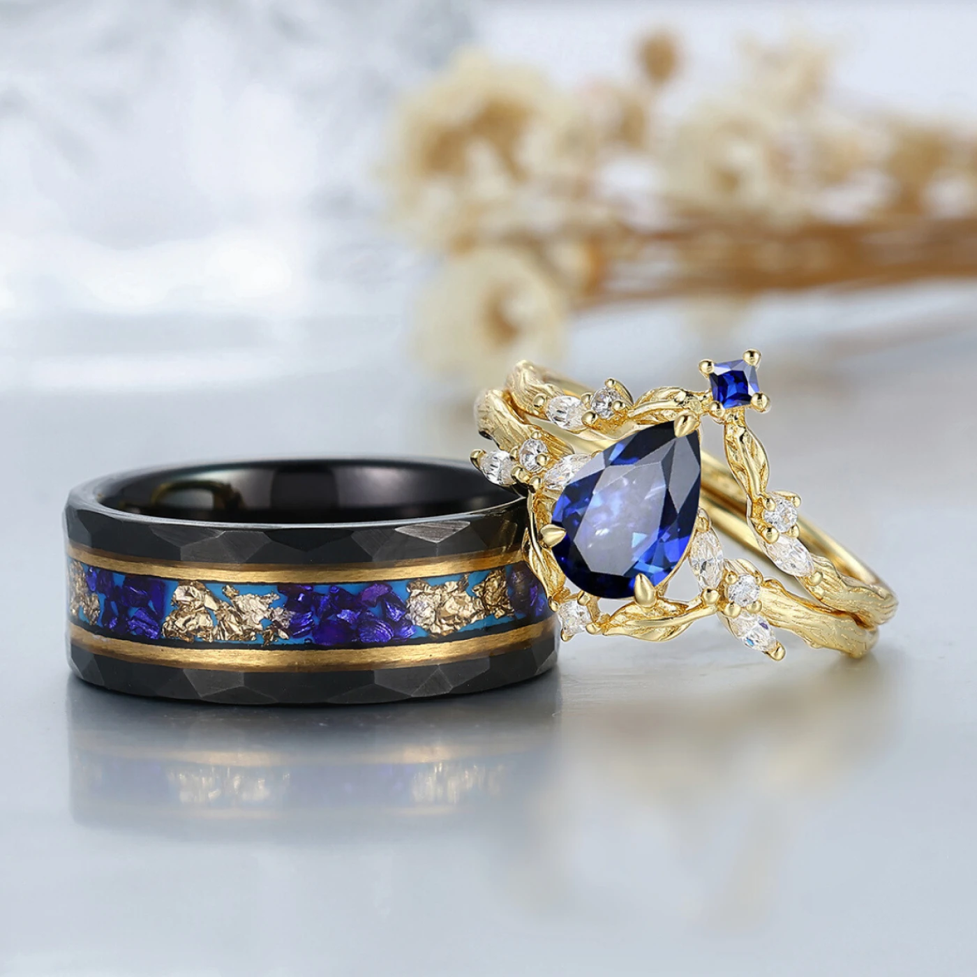 Nature-Inspired Ring with Twig Band Sapphire Set His And Hers Wedding Bands