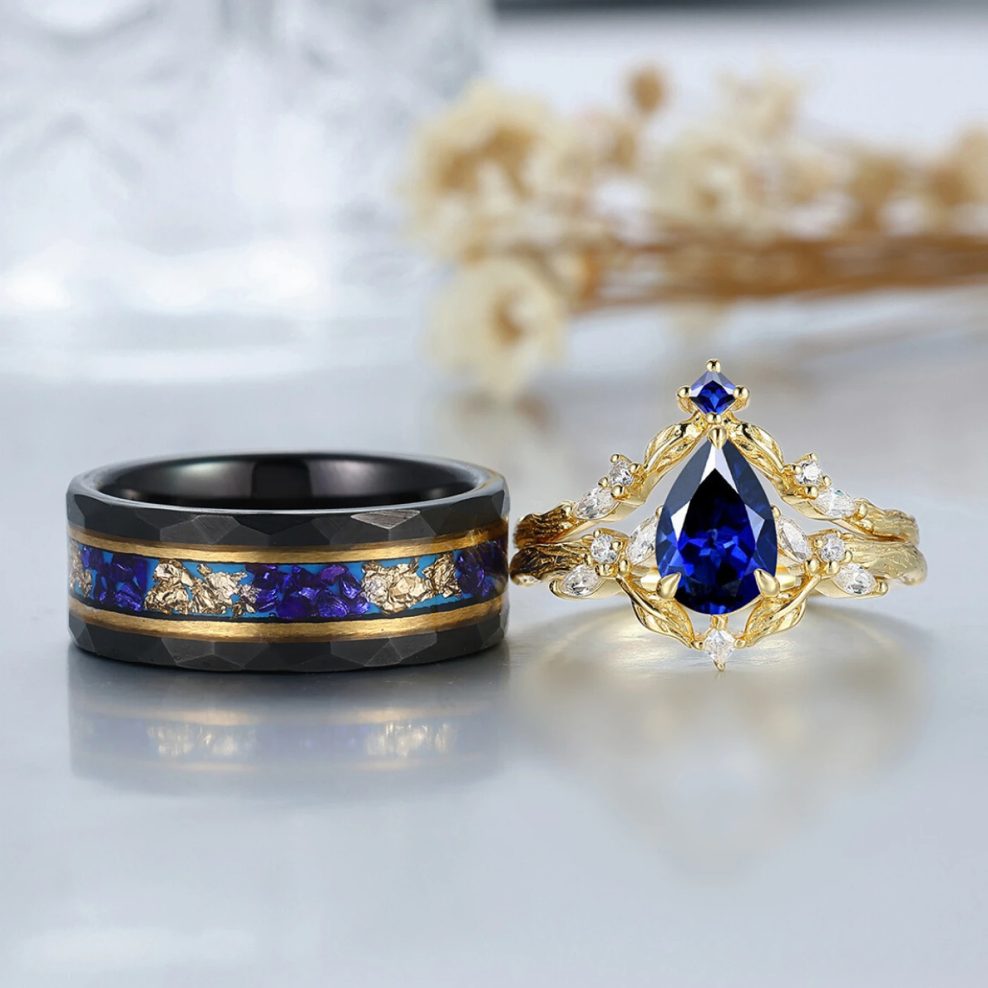 Nature-Inspired Ring with Twig Band Sapphire Set His And Hers Wedding Bands Tungsten Matching Rings for Couples - view 3