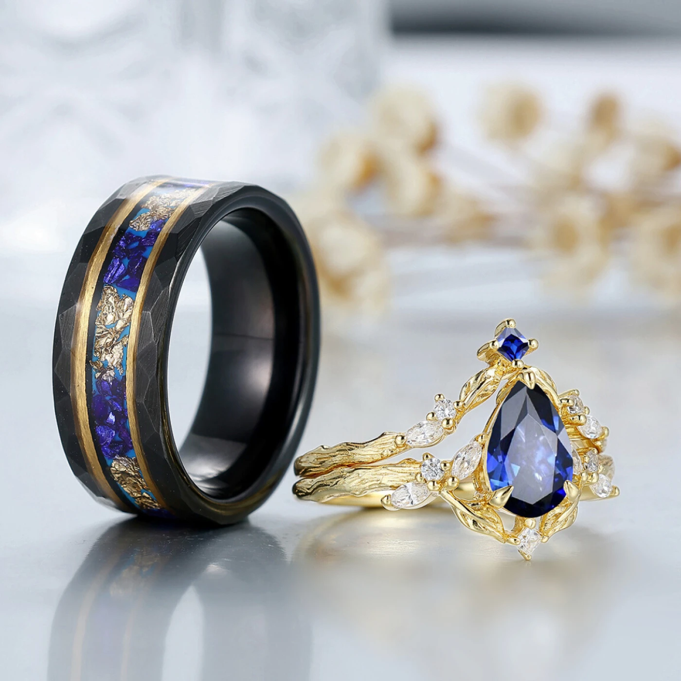 Nature-Inspired Ring with Twig Band Sapphire Set His And Hers Wedding Bands Tungsten Matching Rings for Couples - view 2