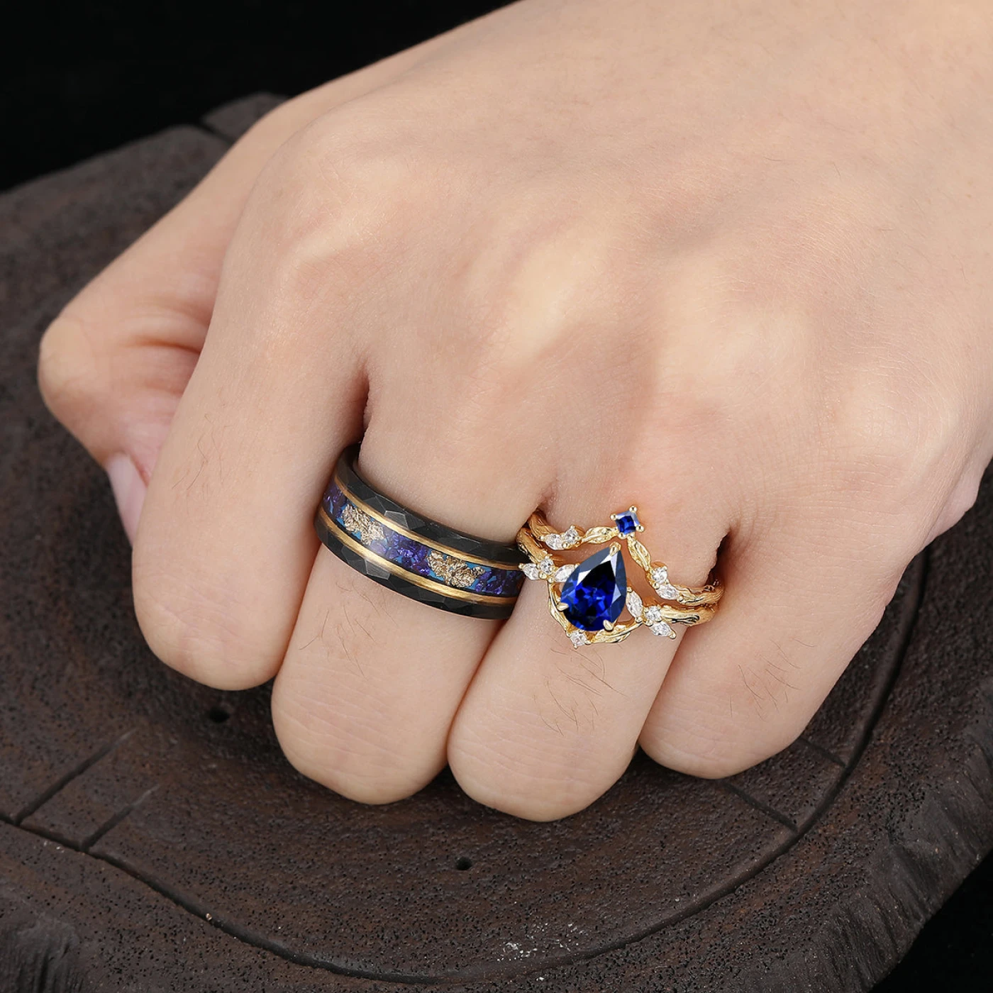 Nature-Inspired Ring with Twig Band Sapphire Set His And Hers Wedding Bands Tungsten Matching Rings for Couples - view 5