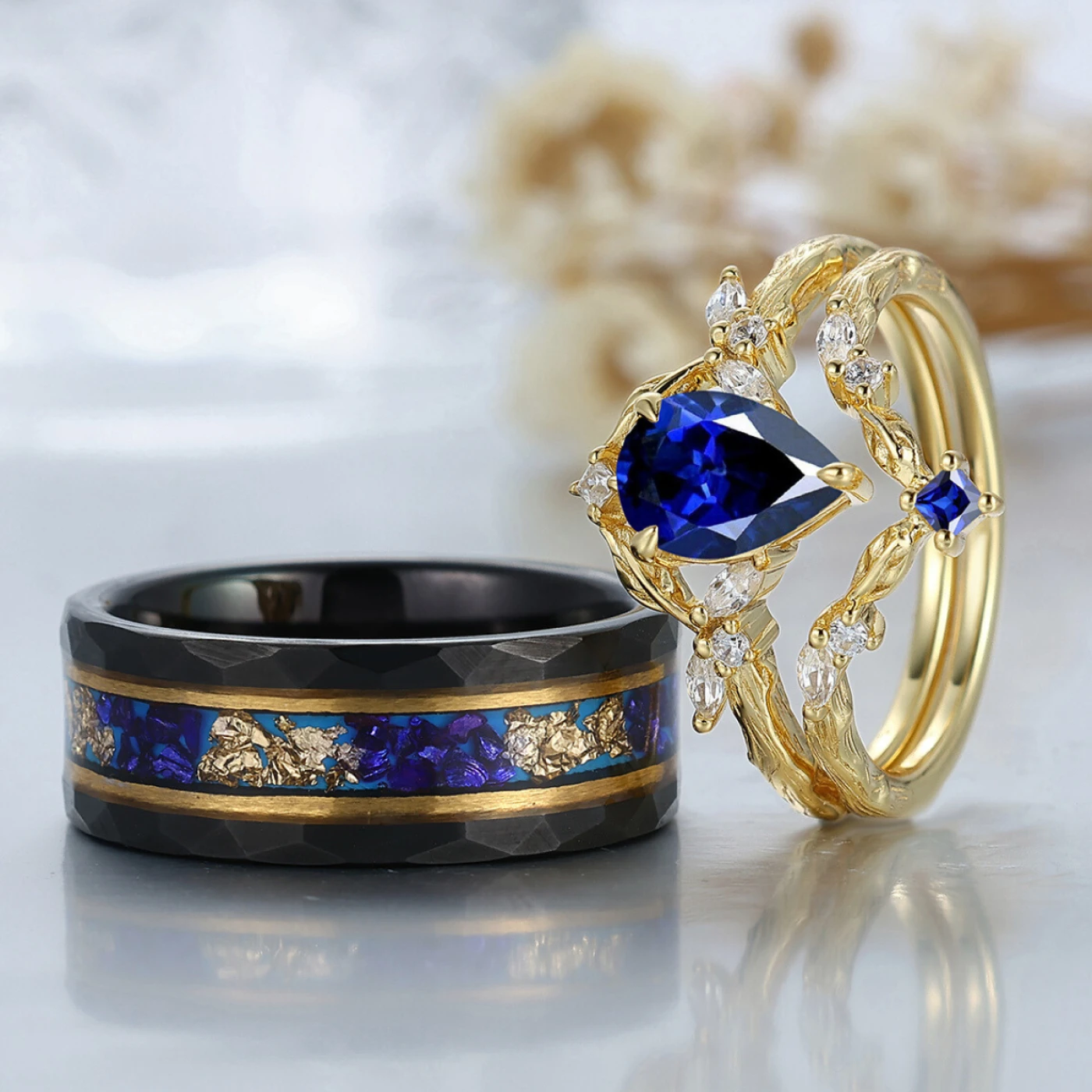 Nature-Inspired Ring with Twig Band Sapphire Set His And Hers Wedding Bands Tungsten Matching Rings for Couples - view 4