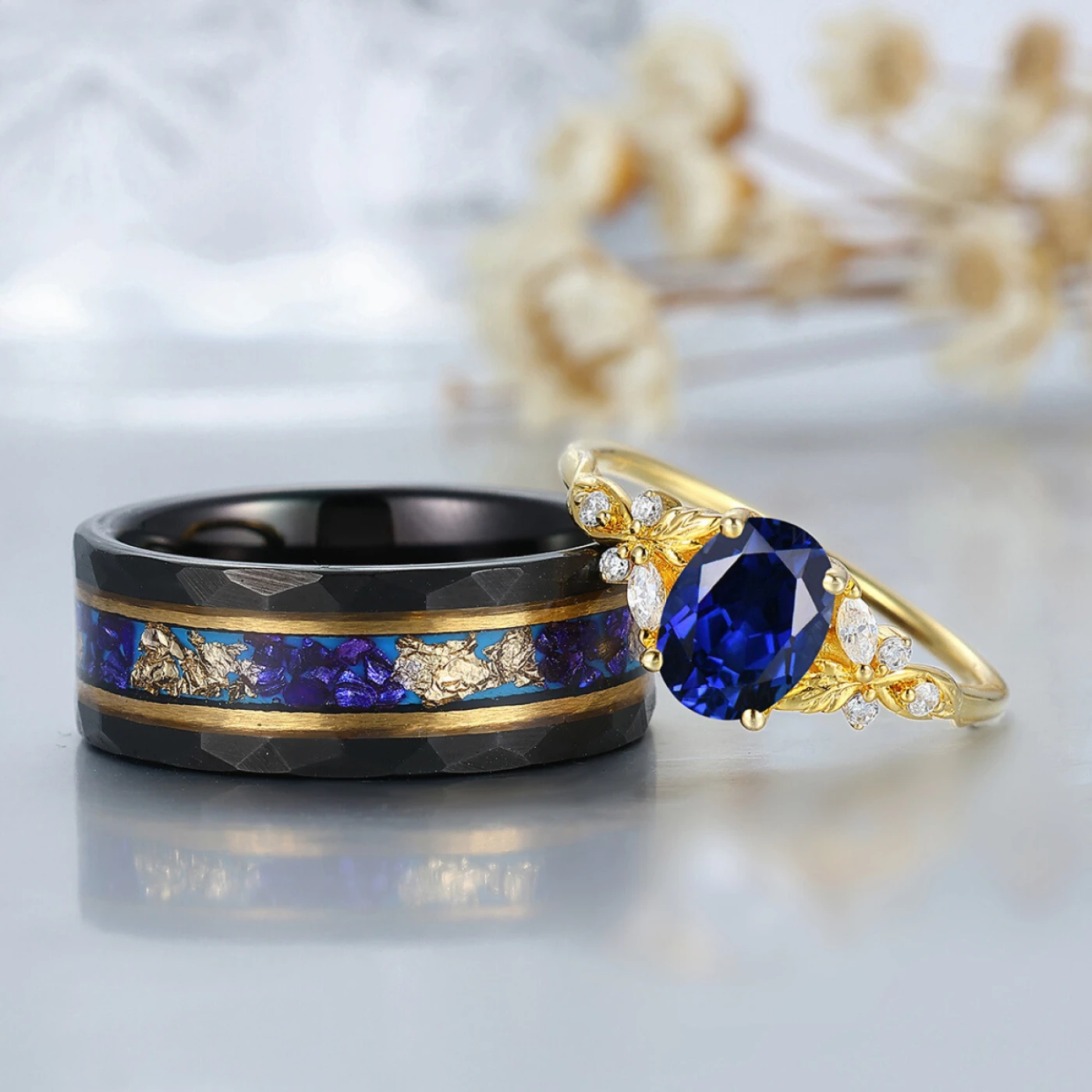 Unique Teardrop Sapphire Vine Ring His And Hers Wedding Bands Couples Rings