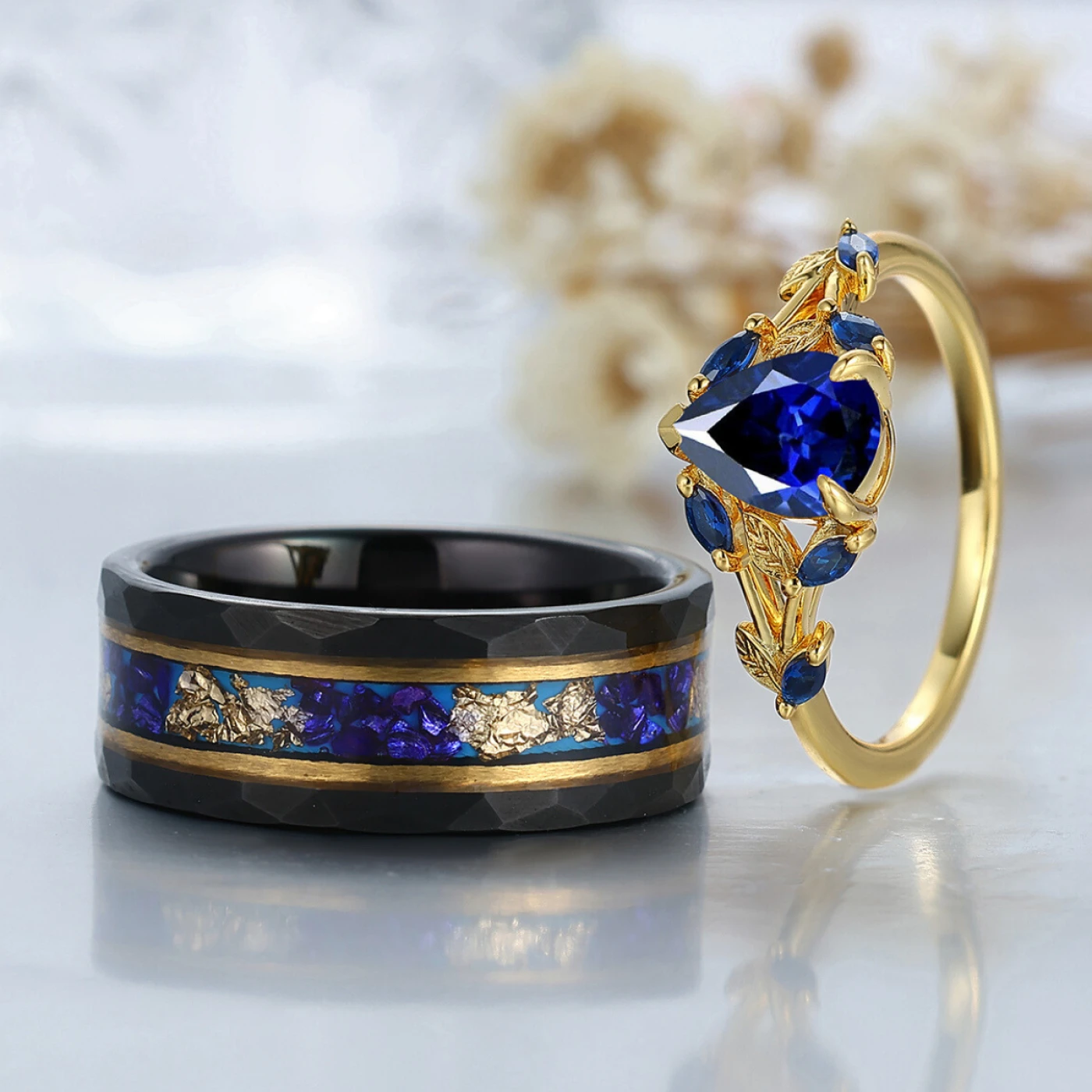 Artisan Gold Pear Cut Sapphire Vine Ring His And Hers Wedding Bands Tungsten Matching Engagement Rings - view 2