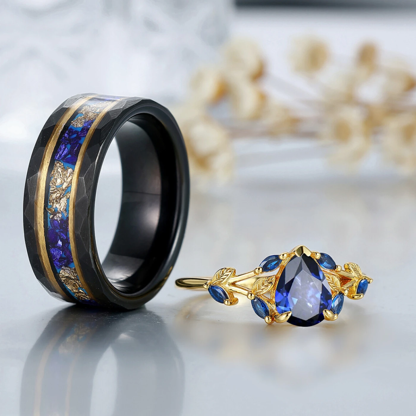Artisan Gold Pear Cut Sapphire Vine Ring His And Hers Wedding Bands Tungsten Matching Engagement Rings - view 3