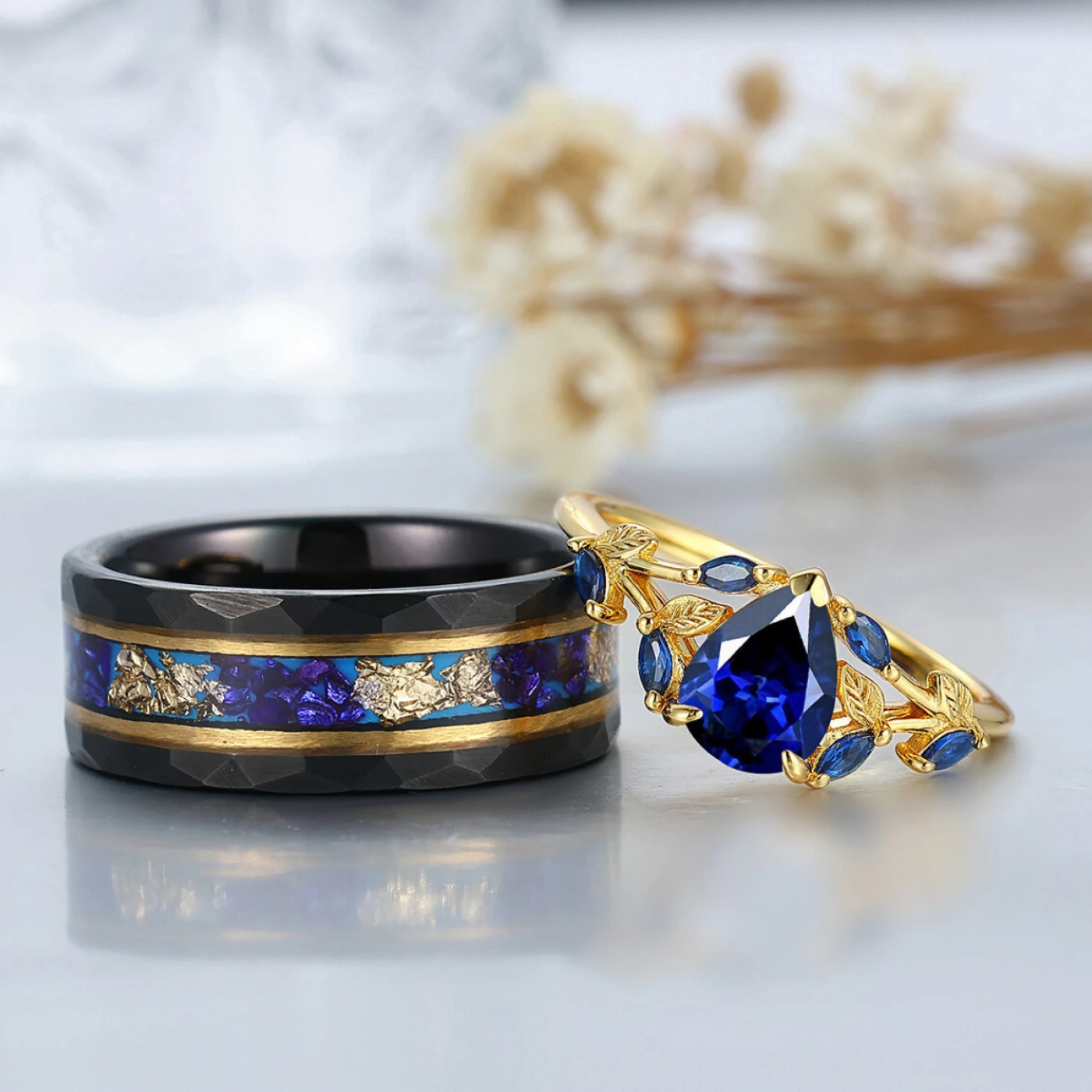 Artisan Gold Pear Cut Sapphire Vine Ring His And Hers Wedding Bands Tungsten