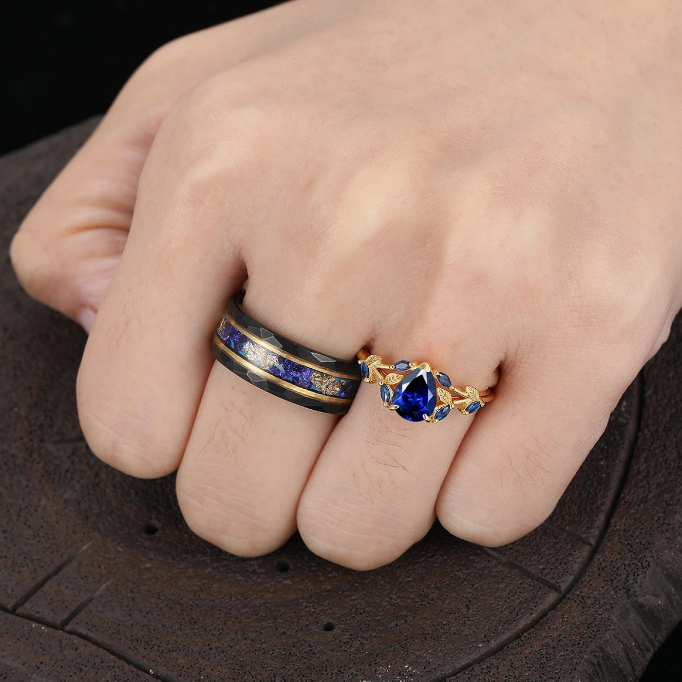 Artisan Gold Pear Cut Sapphire Vine Ring His And Hers Wedding Bands Tungsten Matching Engagement Rings - view 5