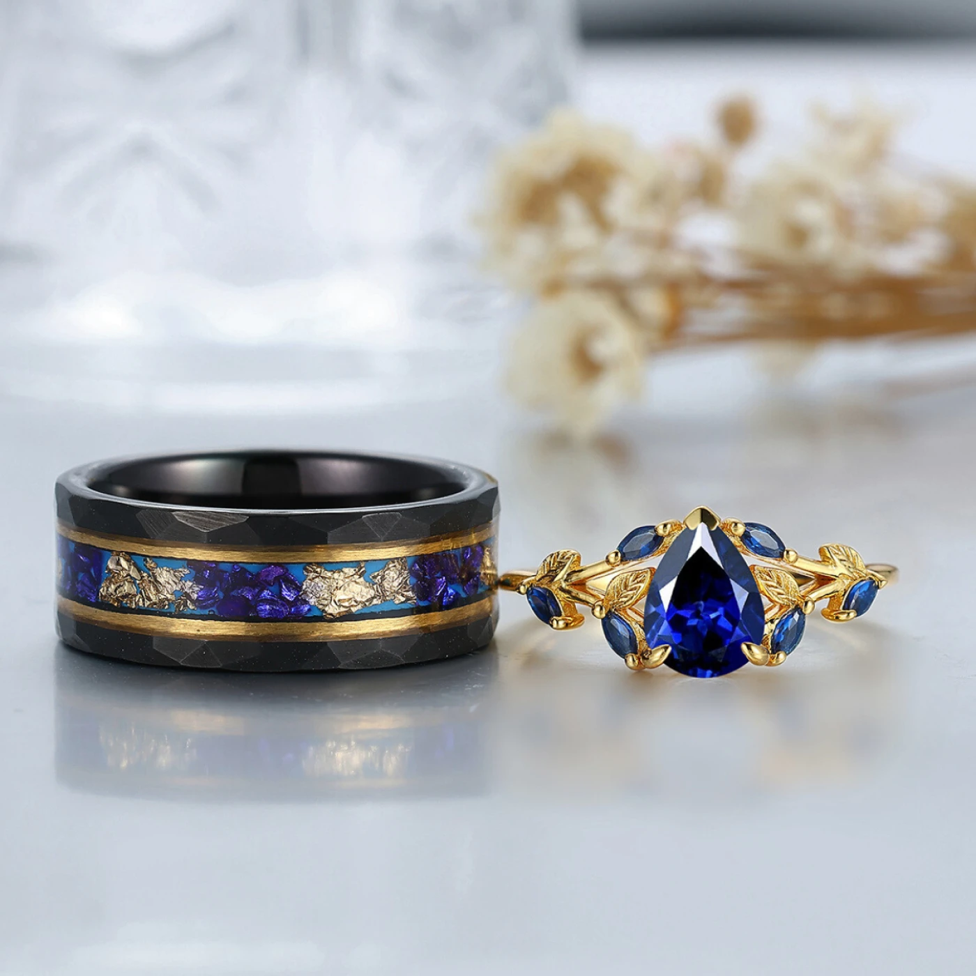 Artisan Gold Pear Cut Sapphire Vine Ring His And Hers Wedding Bands Tungsten Matching Engagement Rings - view 4
