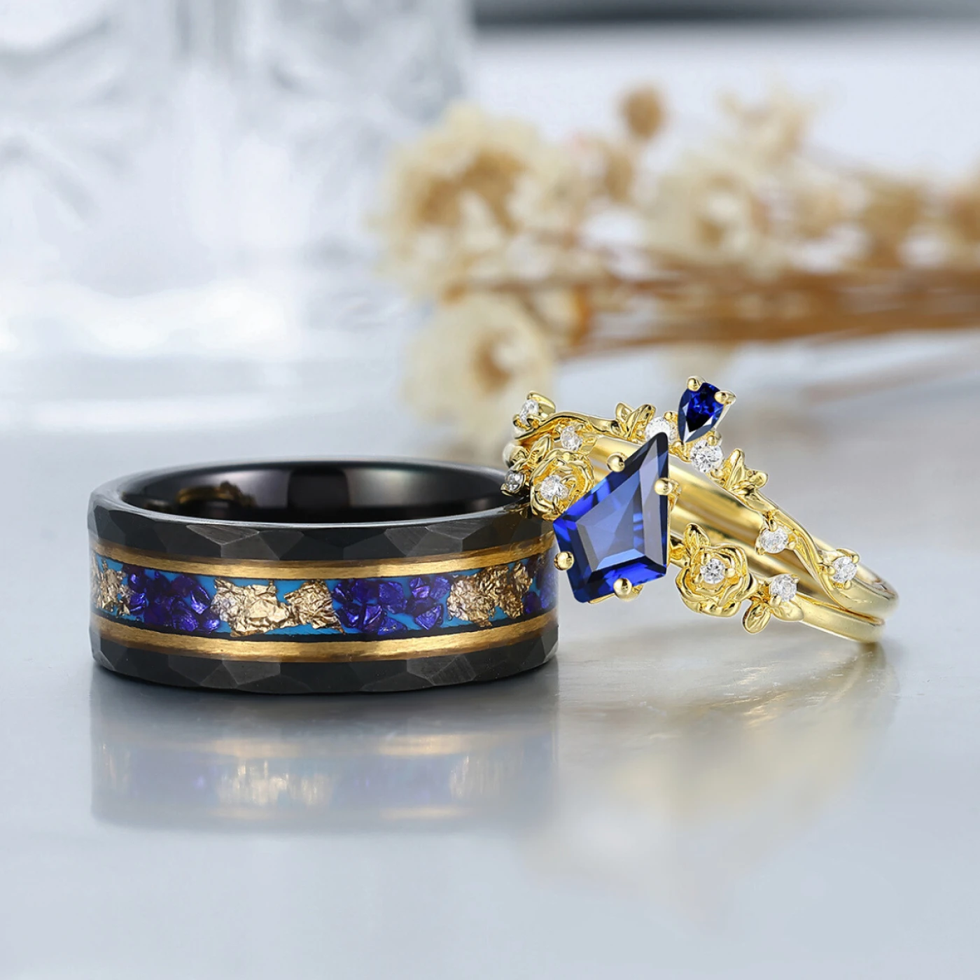 Kite Cut Blue Sapphire Ring Set His And Hers Wedding Bands Tungsten