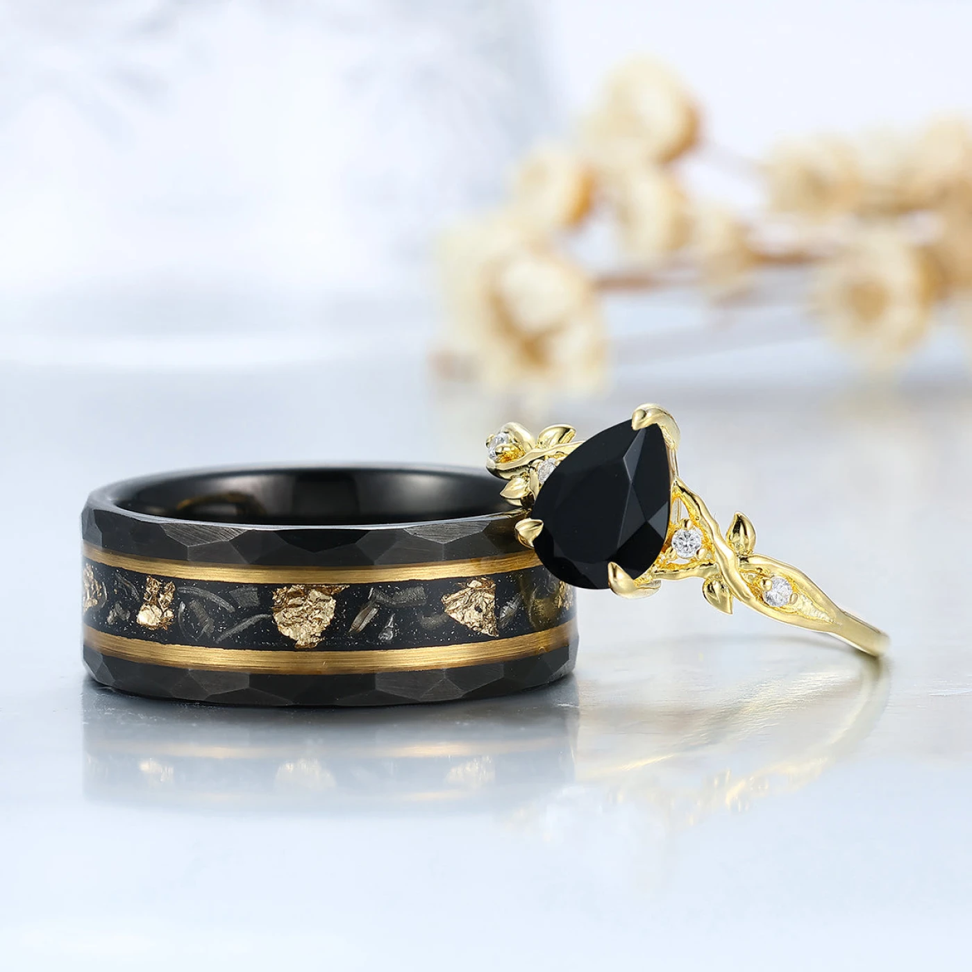 Pear Cut Leaf-inspired Couple Rings Yellow Gold Plated His And Hers Ring Set