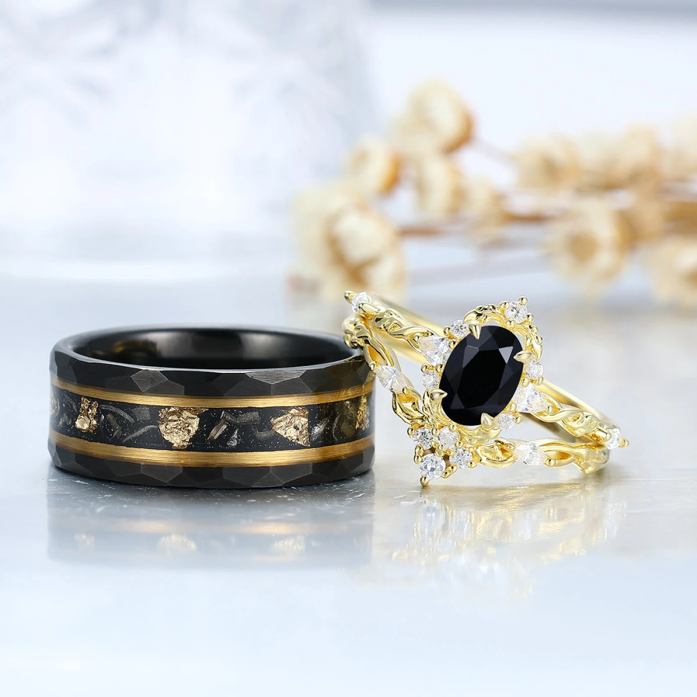 Antique Oval Cut Leaf Branch Couple Ring Set Dainty Gold Rings For Him And Her