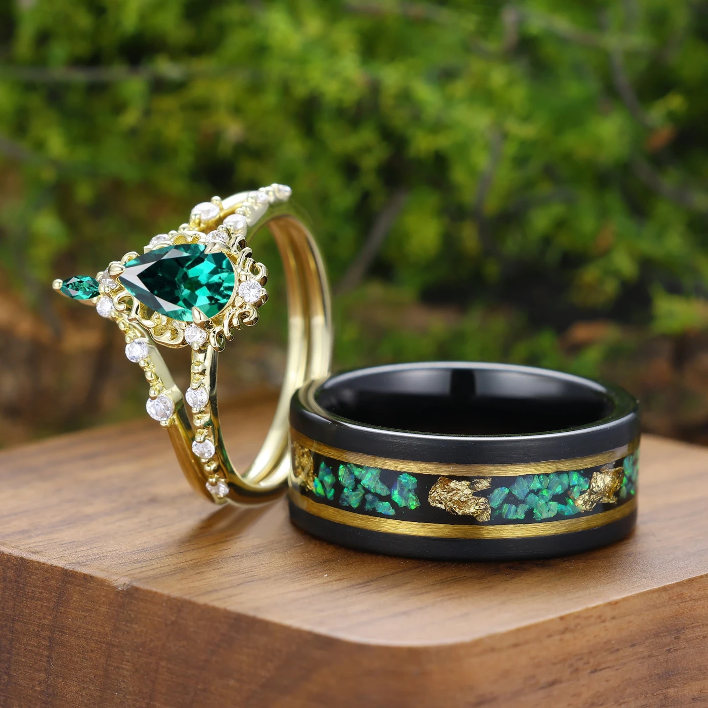 Vintage Pear Cut Green Emerald Couple Ring Set Filigreed Yellow Gold Plated Rings For Him And Her - view 4