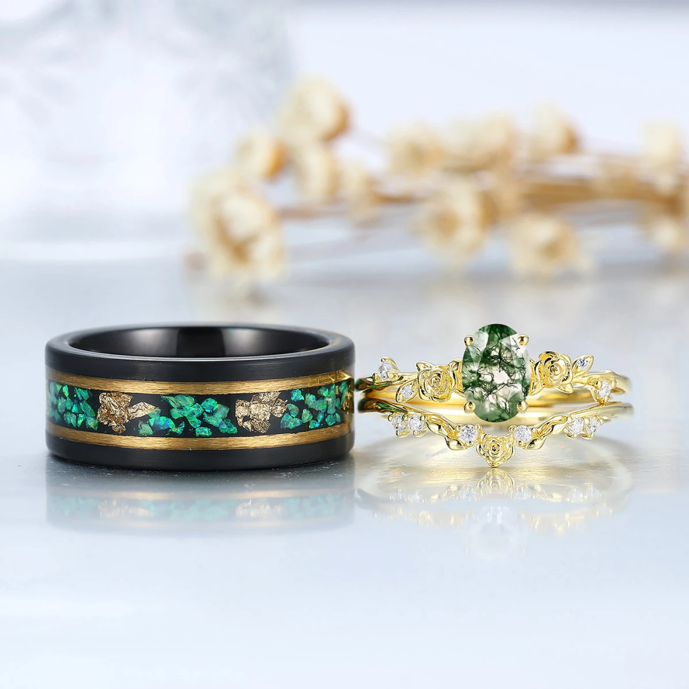Dainty Green Emerald Rose Shape Yellow Gold Plated Couple Ring Set Matching Rings For Him For Her - view 2