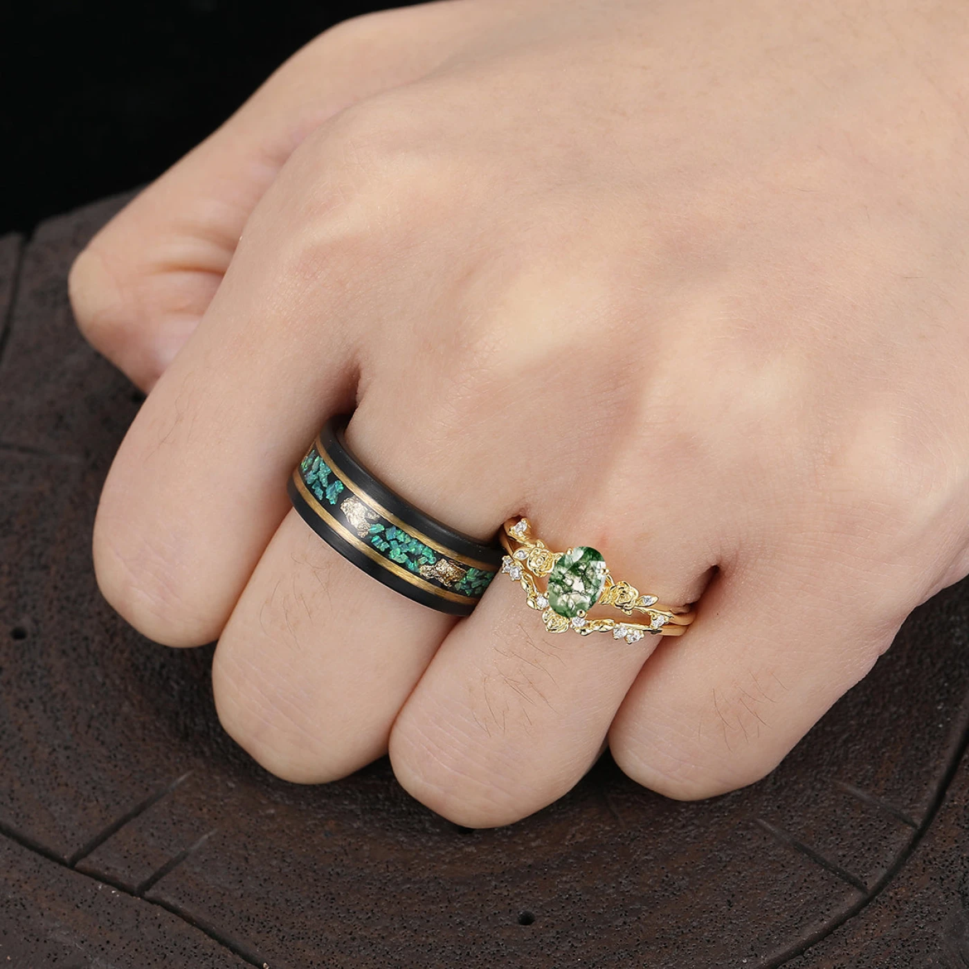 Dainty Green Emerald Rose Shape Yellow Gold Plated Couple Ring Set Matching Rings For Him For Her - view 5