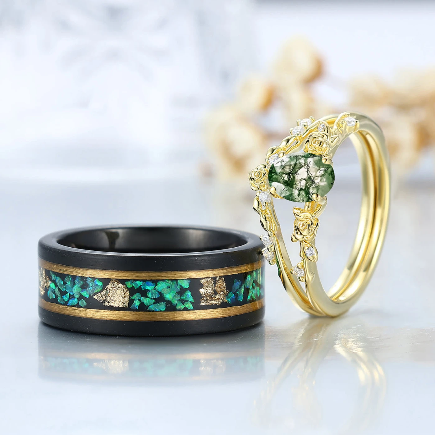 Dainty Green Emerald Rose Shape Yellow Gold Plated Couple Ring Set Matching Rings For Him For Her - view 4