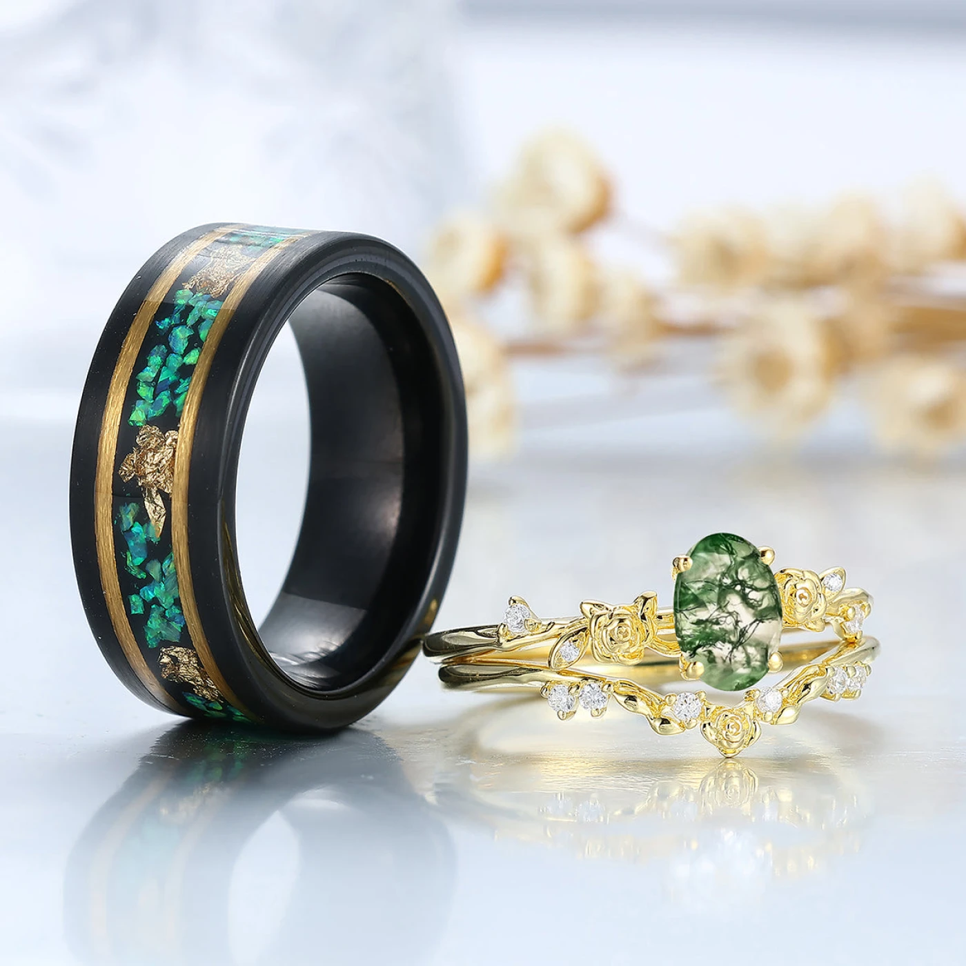 Dainty Green Rose Shape Yellow Gold Plated Couple Ring Set