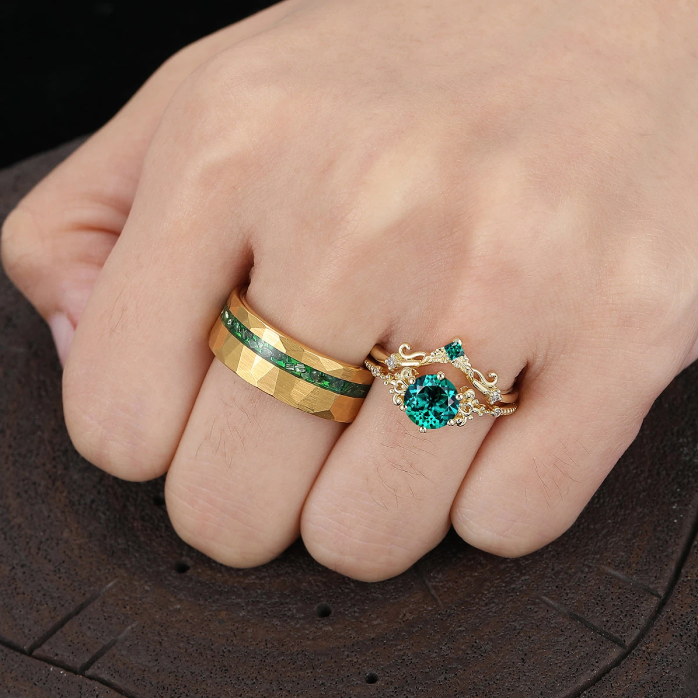 Scrollwork Design Green Emerald Couple Ring Set Yellow Gold Plated His And Hers Rings - view 4