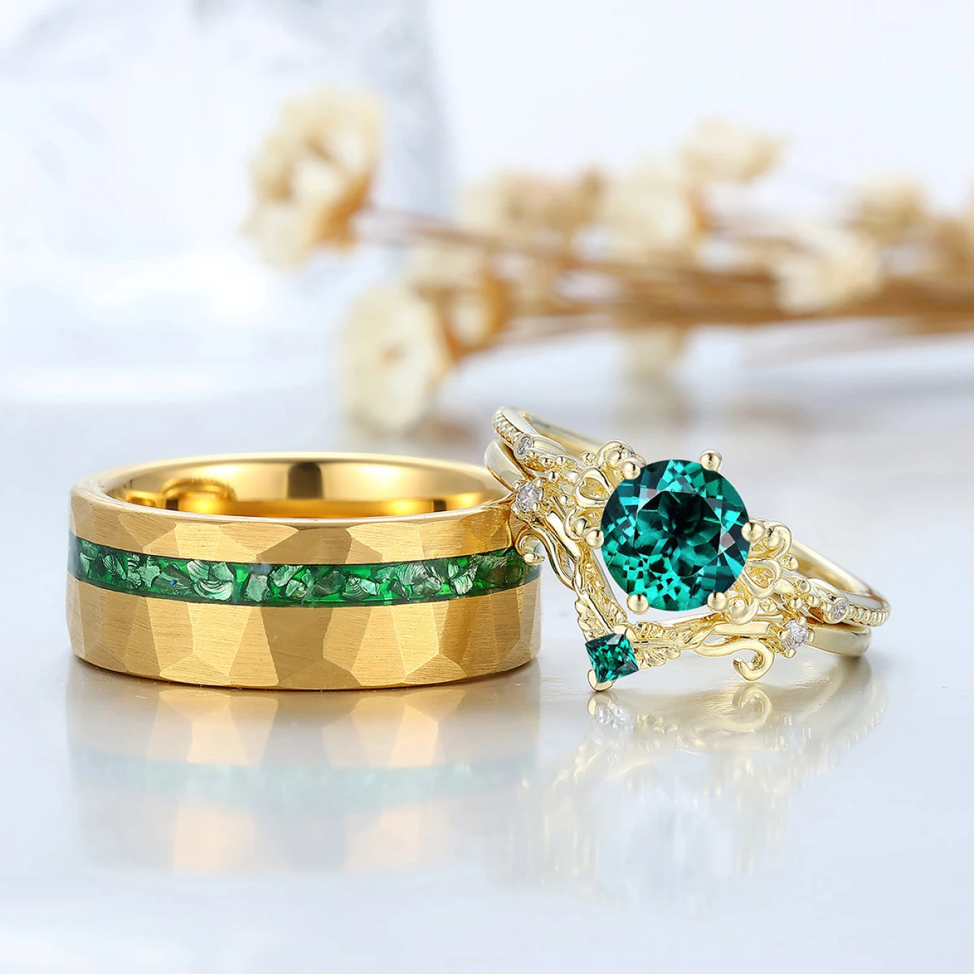 Scrollwork Design Green Emerald Couple Ring Set Yellow Gold Plated