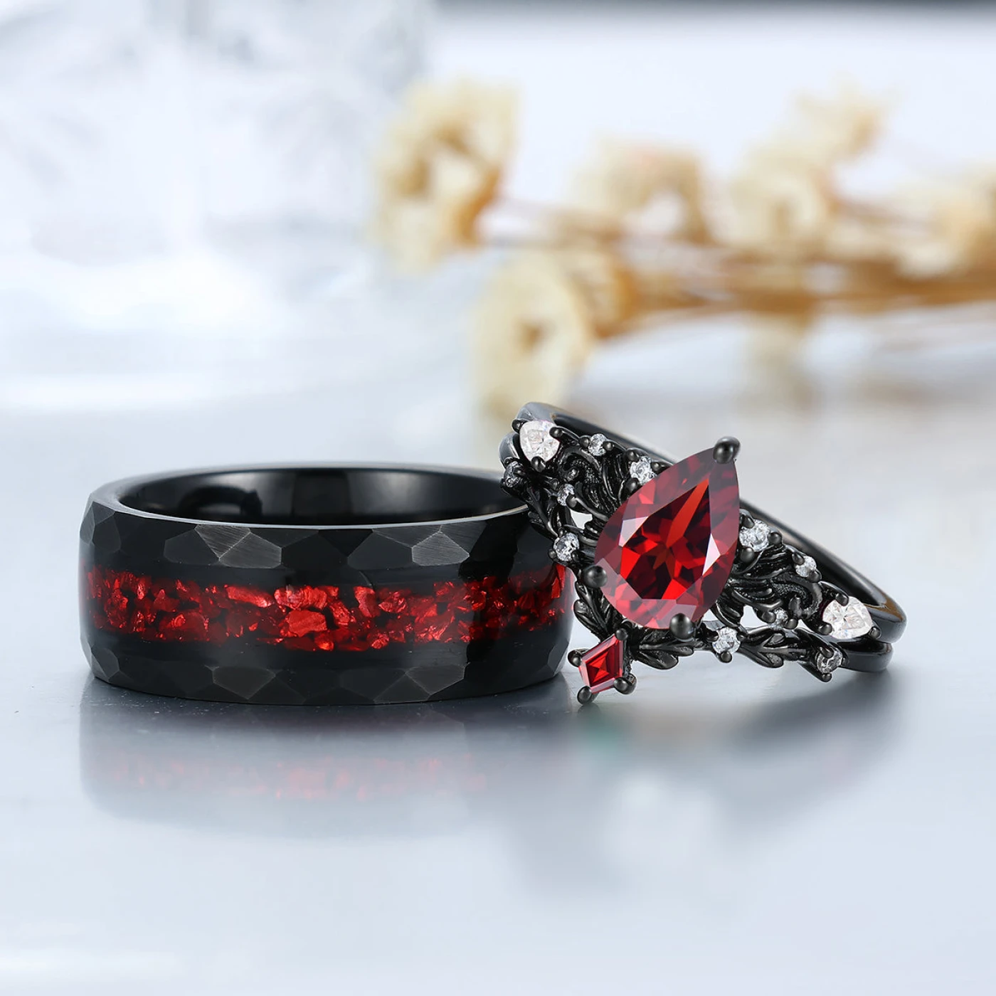 Vintage Red Garnet Leaf Flourish Couple Ring Set Black And Red Stone 3 Piece His and Hers Wedding Ring Sets - view 5