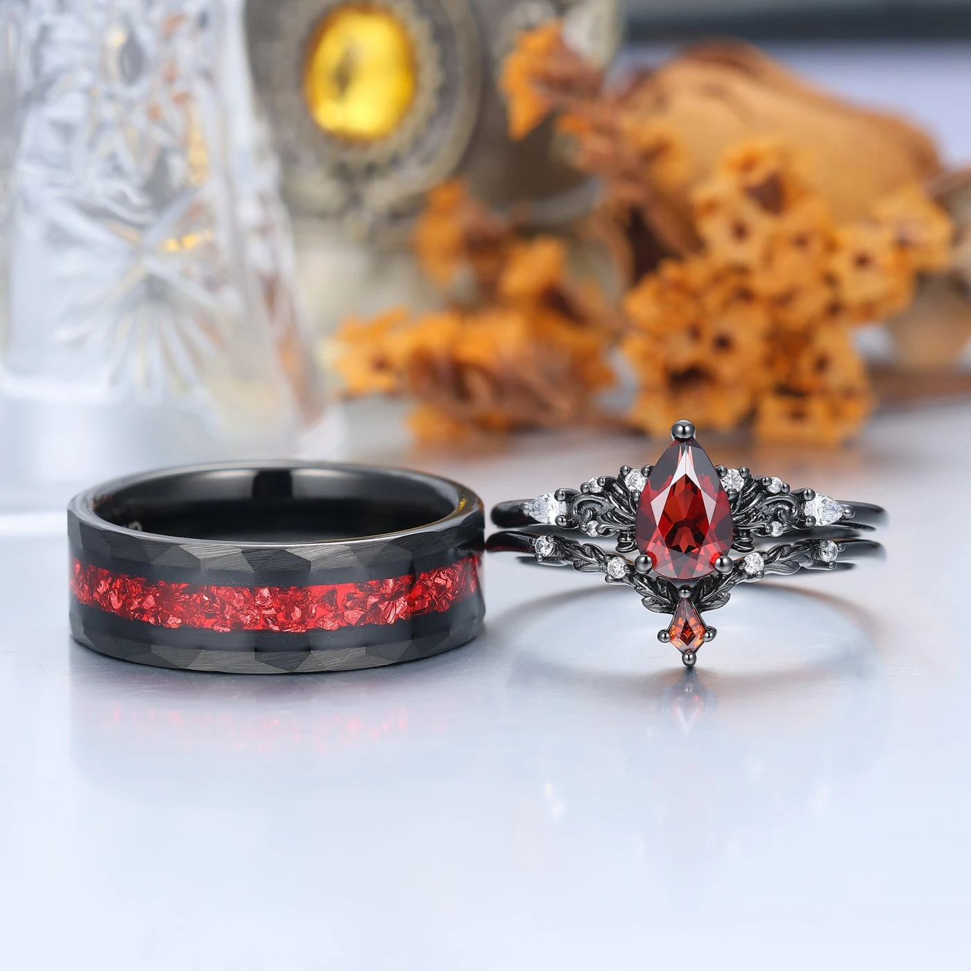 Vintage Red Leaf Flourish Couple Ring Set Black And Red Stone 3