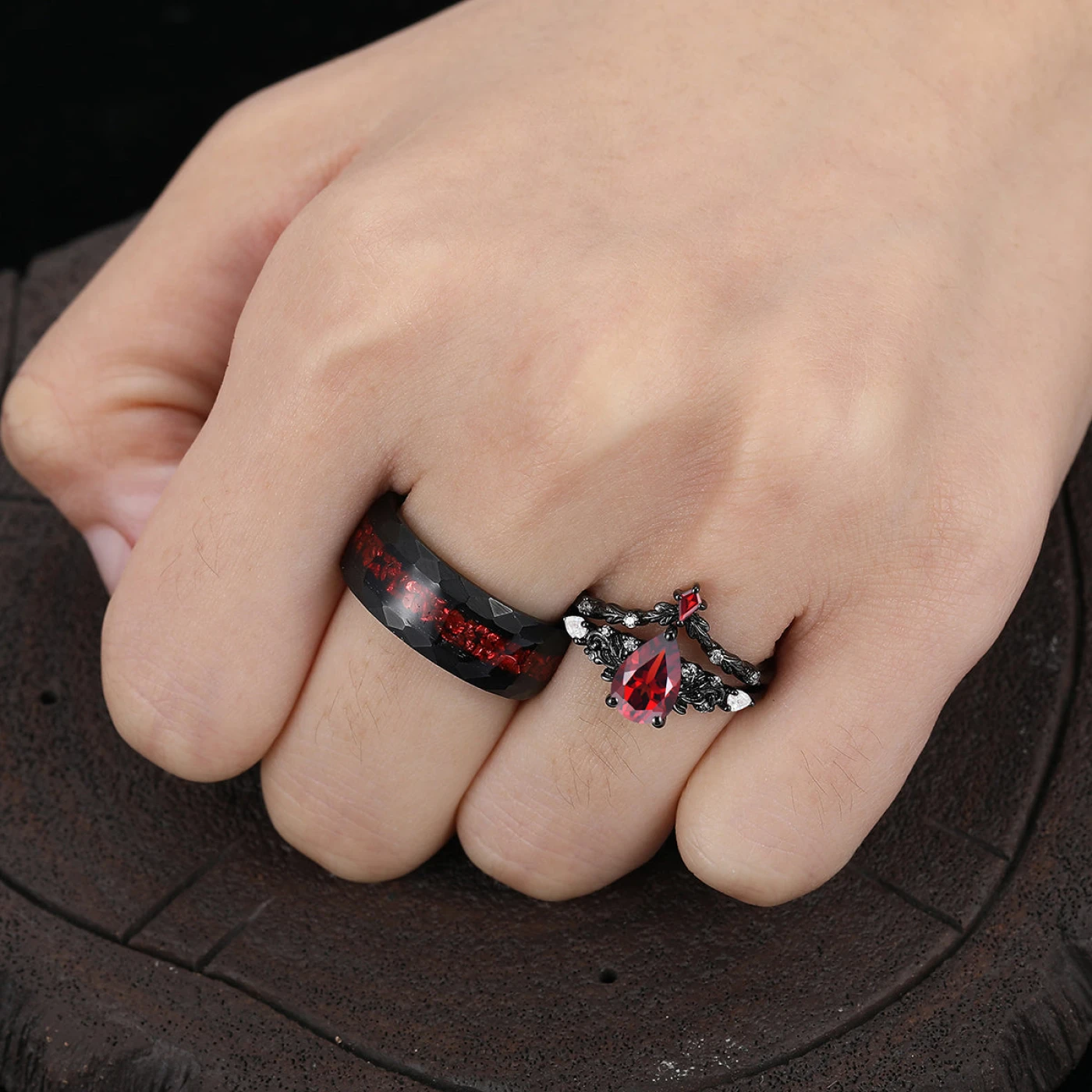 Vintage Red Garnet Leaf Flourish Couple Ring Set Black And Red Stone 3 Piece His and Hers Wedding Ring Sets - view 9