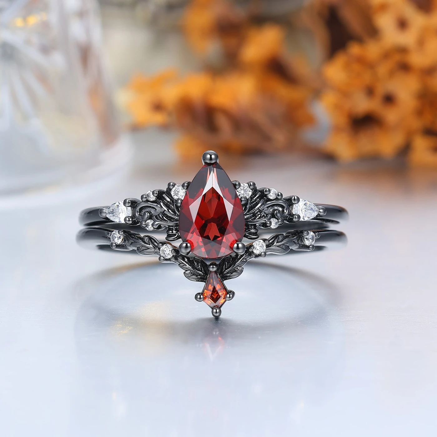 Vintage Red Garnet Leaf Flourish Couple Ring Set Black And Red Stone 3 Piece His and Hers Wedding Ring Sets - view 2
