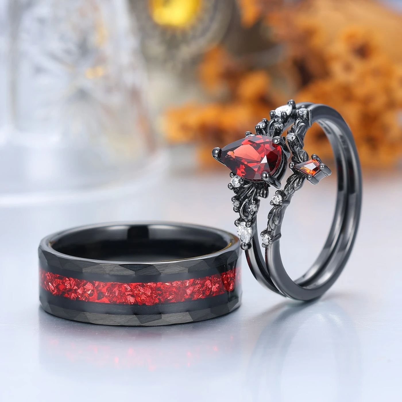 Vintage Red Garnet Leaf Flourish Couple Ring Set Black And Red Stone 3 Piece His and Hers Wedding Ring Sets - view 4