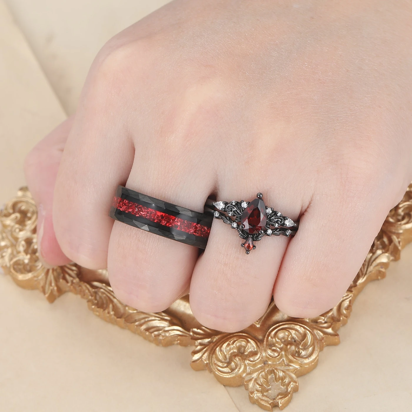 Vintage Red Garnet Leaf Flourish Couple Ring Set Black And Red Stone 3 Piece His and Hers Wedding Ring Sets - view 10