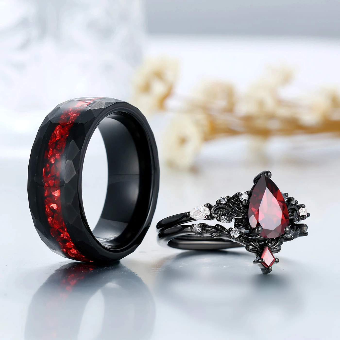 Vintage Red Garnet Leaf Flourish Couple Ring Set Black And Red Stone 3 Piece His and Hers Wedding Ring Sets - view 8