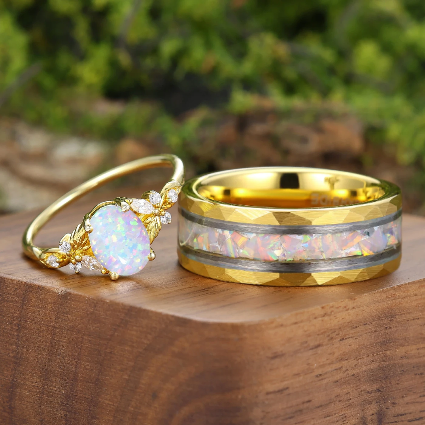 Pink White Opal Engraved Floral Couple Rings Silver Ring For Her