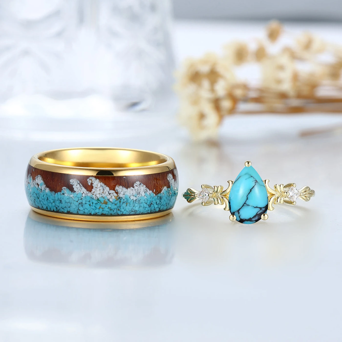 Delicate Filigreed Vine Turquoise His And Hers Matching Rings Couple Rings