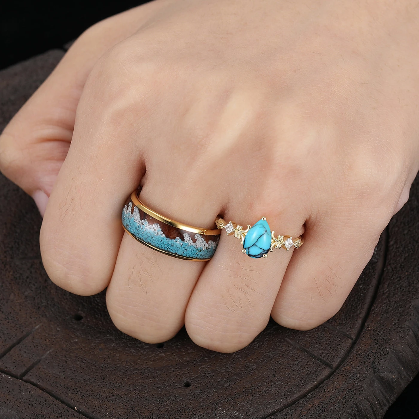 Delicate Filigreed Vine Turquoise His And Hers Matching Rings Yellow Gold Plated Handmade Couple Rings - view 5