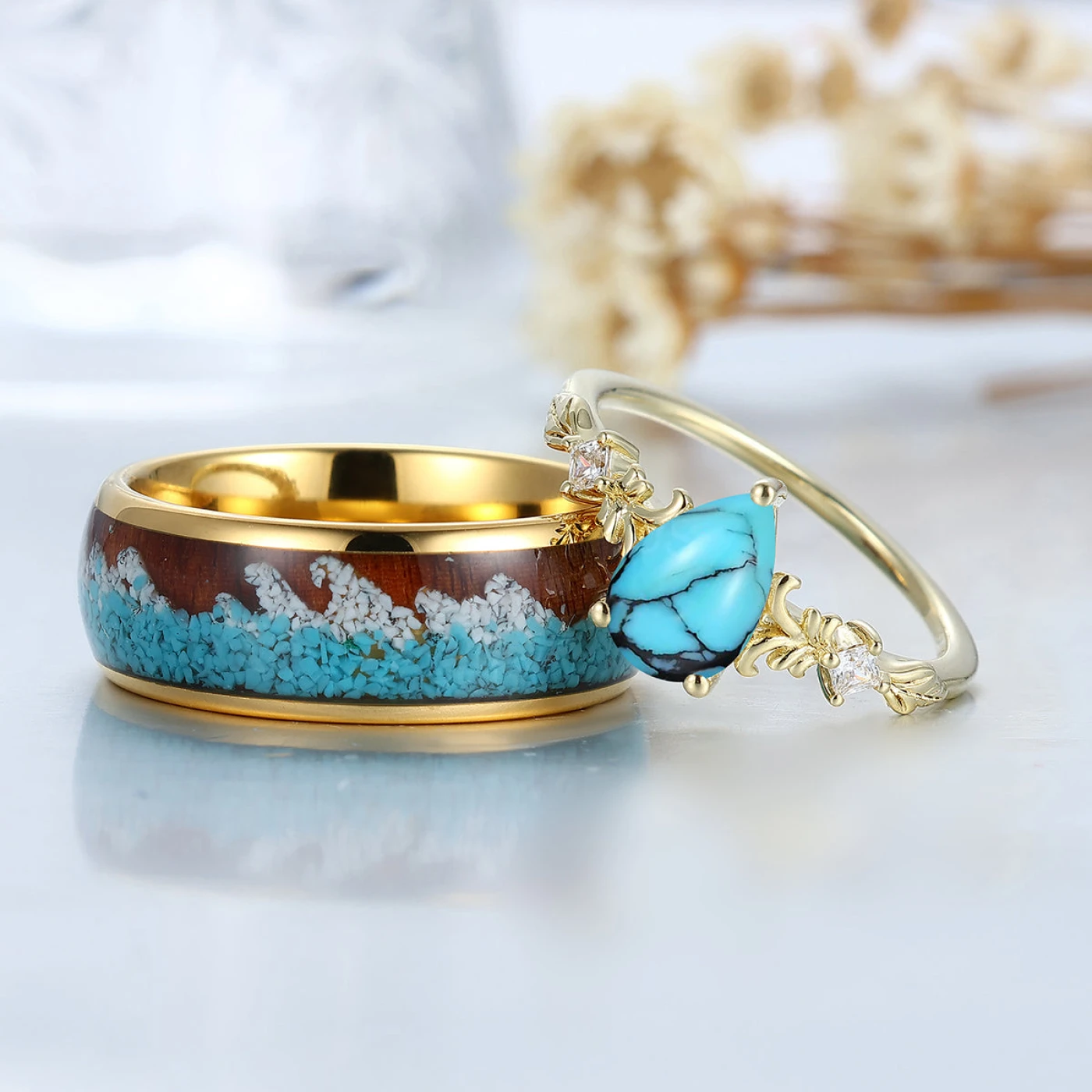 Delicate Filigreed Vine Turquoise His And Hers Matching Rings Yellow Gold Plated Handmade Couple Rings - view 2