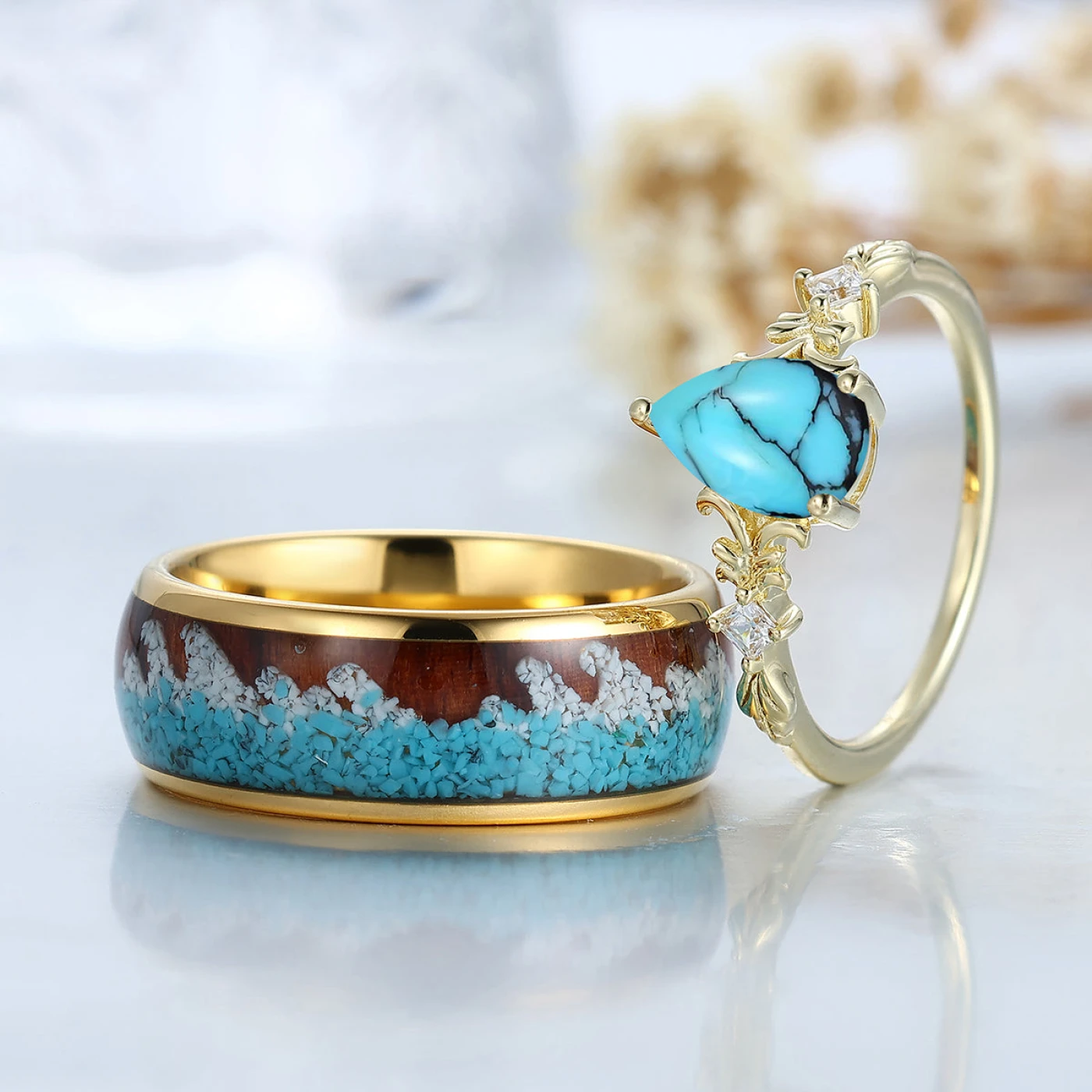 Delicate Filigreed Vine Turquoise His And Hers Matching Rings Yellow Gold Plated Handmade Couple Rings - view 3